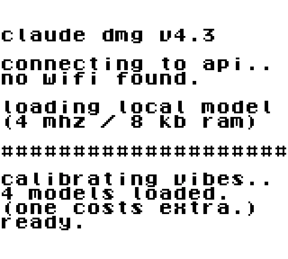 Pixelige Schwarz-Weiß-Textausgabe mit „claude dmg v4.3“, „no wifi found.“, Ladebalken und „ready.“