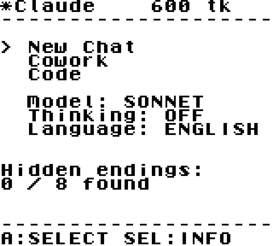 Schwarz-weisses Game-Boy-Menü mit „Claude 600 tk“, Auswahlpfeil bei „New Chat“, Einträgen „Cowork“, „Code“, „Model: SONNET“,