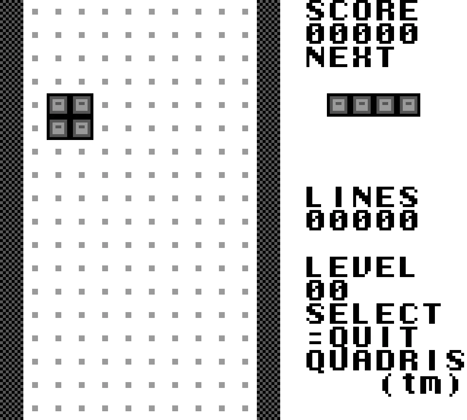 Game-Boy-Spielfeld mit fallendem Vierer-Block und rechter Anzeige „SCORE 00000“, „NEXT“, „LINES“, „LEVEL“ und „QUADRIS (tm)“