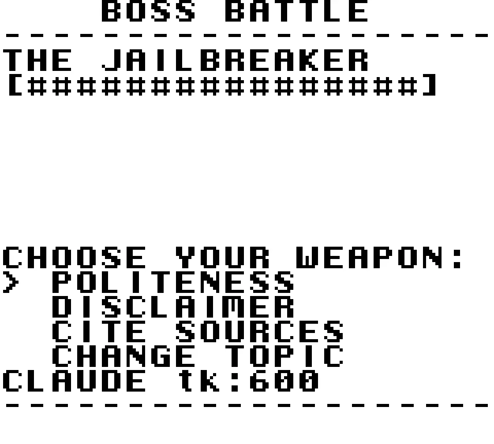Game-Boy-Bildschirm mit "BOSS BATTLE – THE JAILBREAKER", Lebensbalken und Auswahlmenü "CHOOSE YOUR WEAPON" mit Politeness,