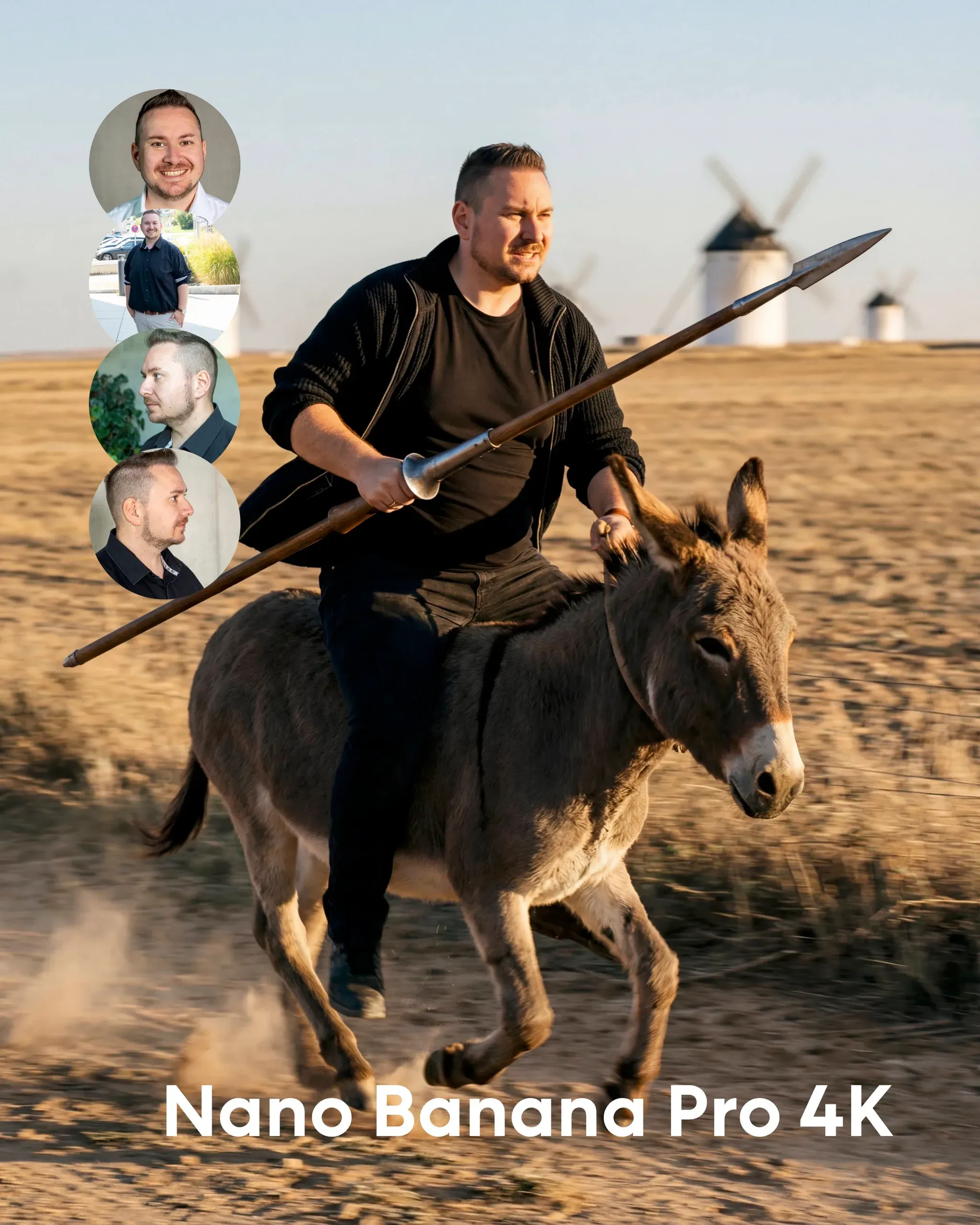 Mann mit Lanze reitet auf einem Esel durch eine Steppe mit Windmühlen, Beschriftung „Nano Banana Pro 4K"