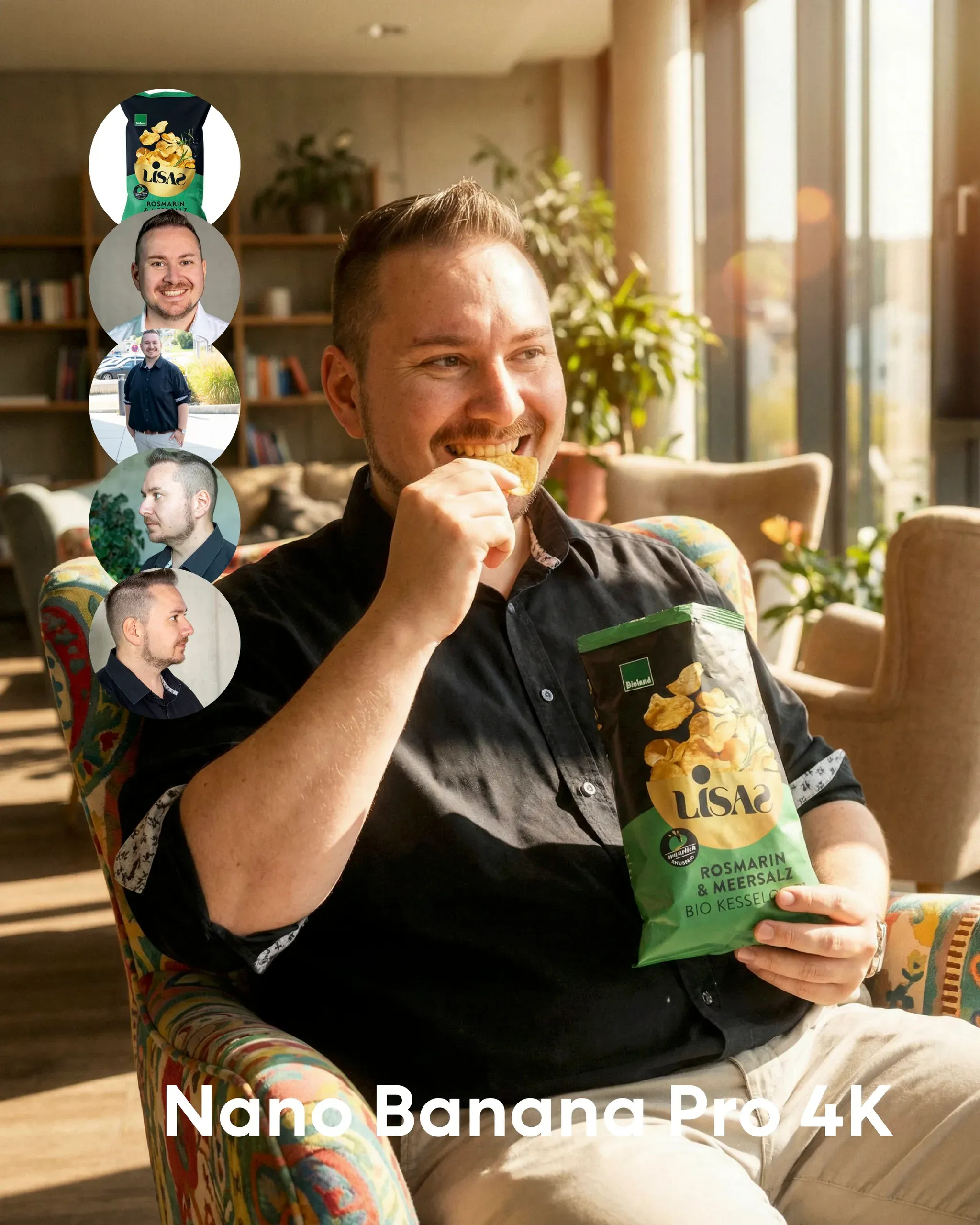 Mann im Sessel isst Chips aus einer Tüte, links fünf runde Referenzbilder, unten Text „Nano Banana Pro 4K“
