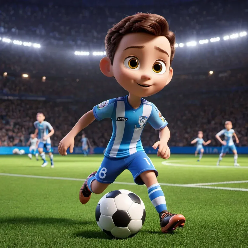 3D-Render eines Jungen im blau-weiß gestreiften Fußballtrikot, der in einem Stadion einen Ball führt