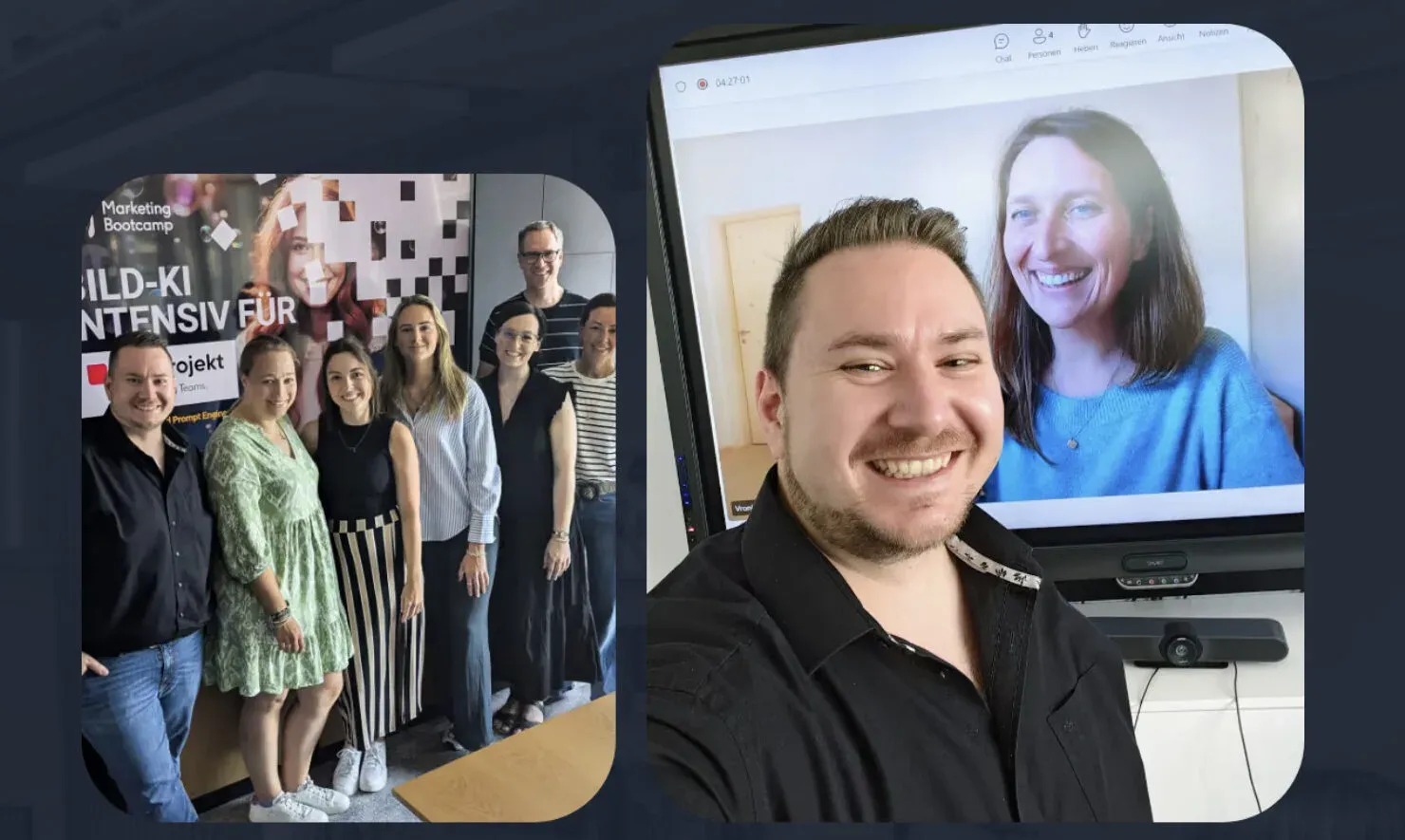 Collage aus Gruppenfoto vor einer Präsentationswand und lächelndem Mann vor Bildschirm mit Videokonferenz-Teilnehmerin