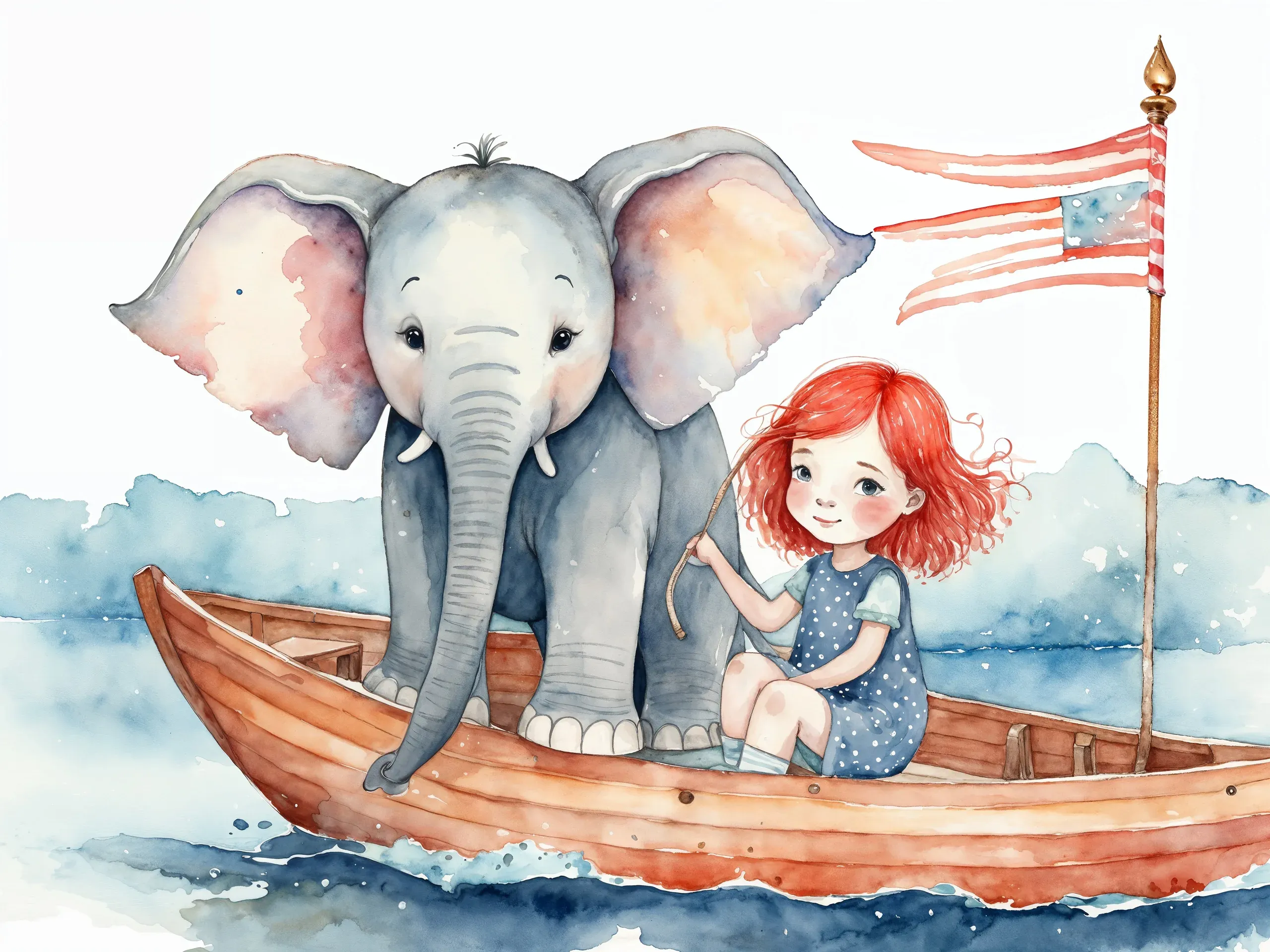 Aquarell-Illustration eines grauen Elefanten und eines rothaarigen Mädchens in einem Holzboot mit gestreifter Flagge