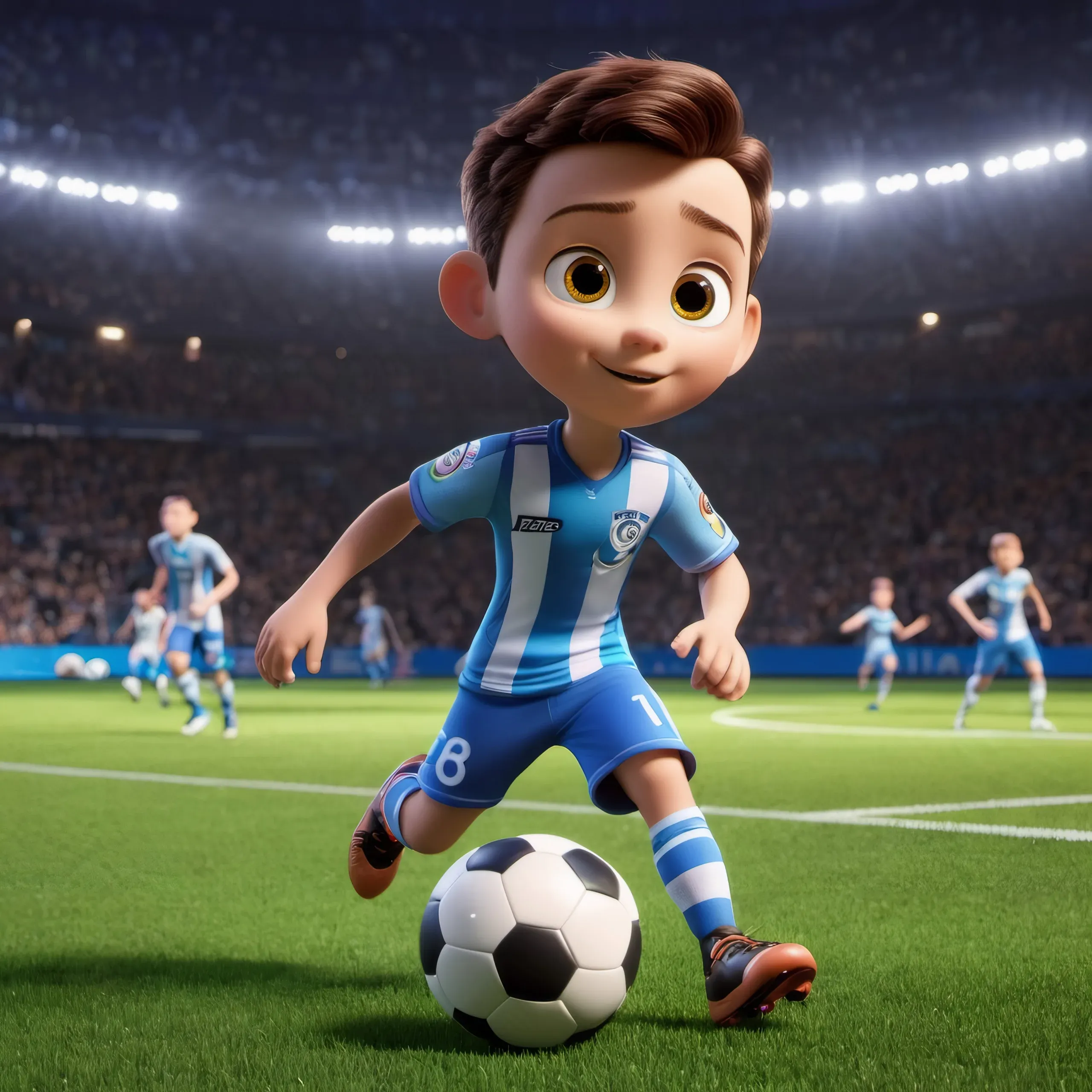 3D-gerenderte Comicfigur eines Jungen im blau-weiss gestreiften Fussballtrikot am Ball in einem hell beleuchteten Stadion
