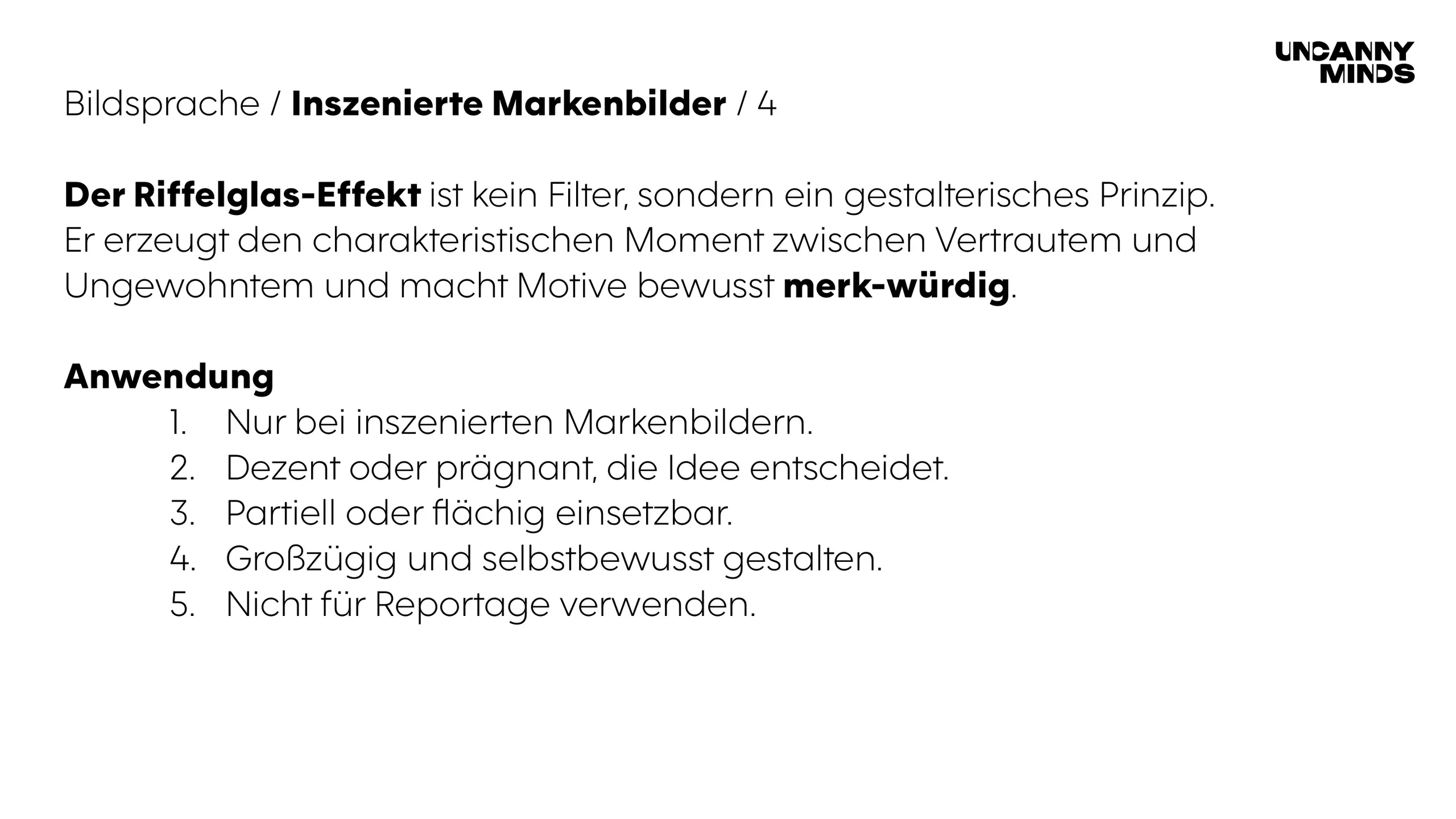 Seite aus dem Brand Guide mit fünf Anwendungsregeln für den Riffelglas-Effekt
