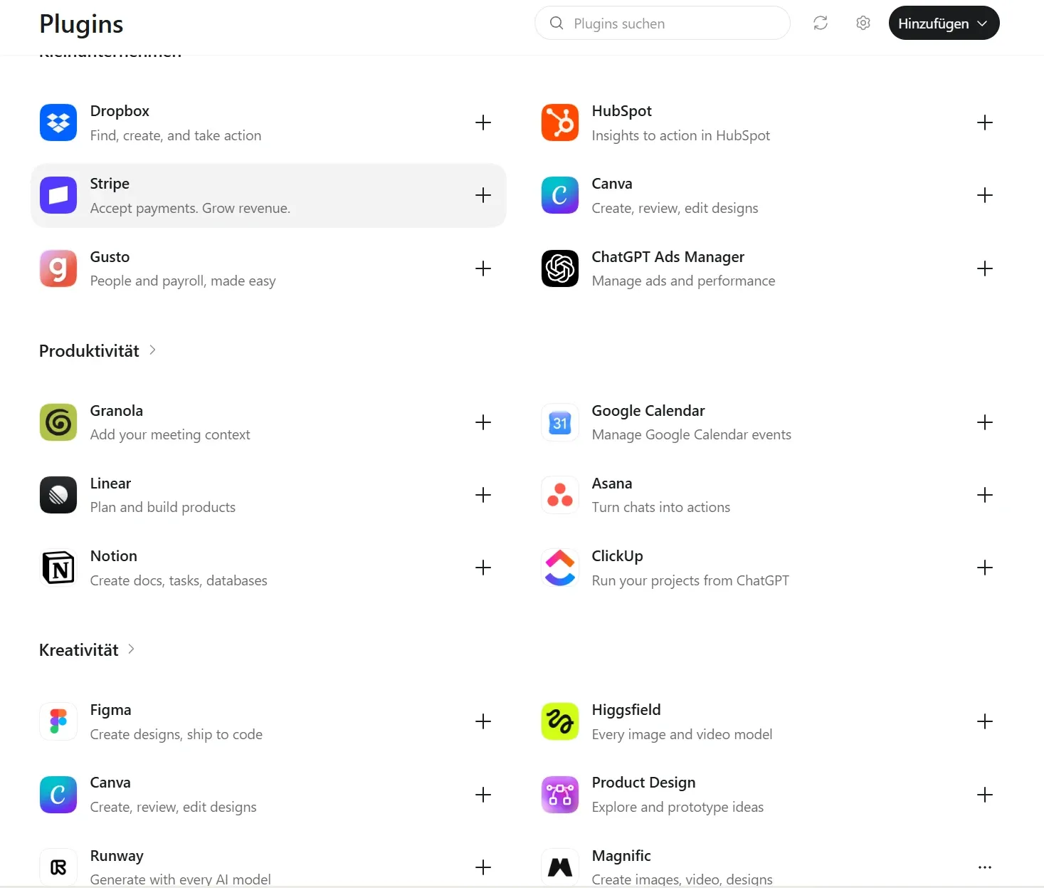 Plugin-Seite in ChatGPT mit Suchfeld und Button „Hinzufügen“, darunter Plugins wie Slack, Outlook Calendar, Magnific, HubSpot, Canva und Google Calendar