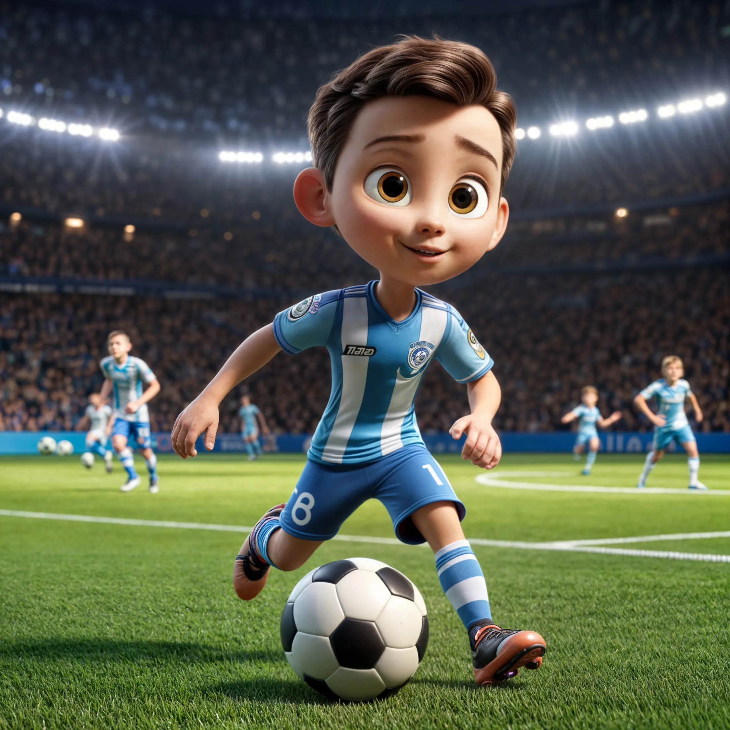 3D-Render im Cartoonstil: kleiner Junge im blau-weiß gestreiften Trikot am Ball im hell beleuchteten Stadion