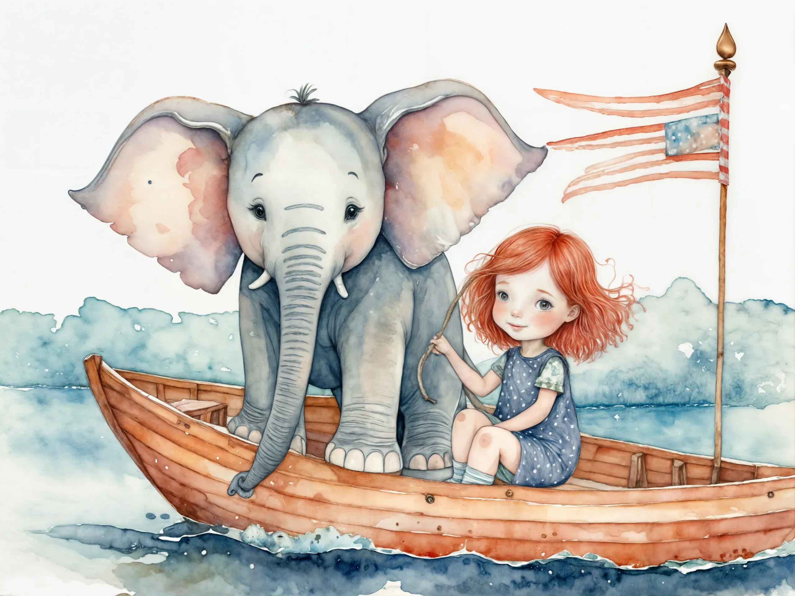 Aquarell-Illustration eines rothaarigen Mädchens mit einem grauen Elefanten in einem Holzboot mit Fahne