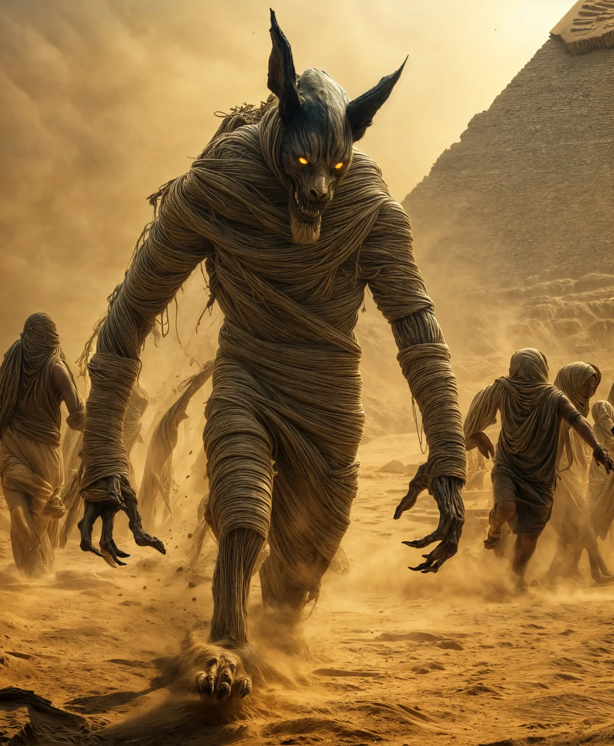 Bandagiertes Mumien-Monster mit Schakalkopf und leuchtenden Augen läuft durch Sandsturm vor einer Pyramide, gefolgt von