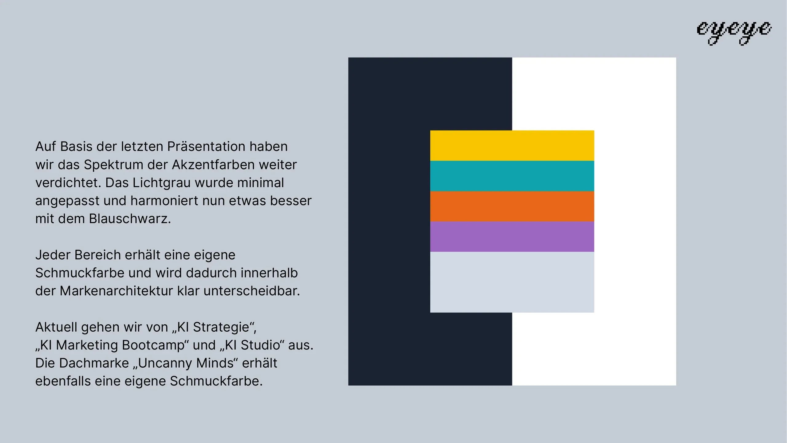 Folie mit Schwarzblau und Weiß und vier gedeckten Akzentfarben in Gelb, Türkis, Orange und Violett