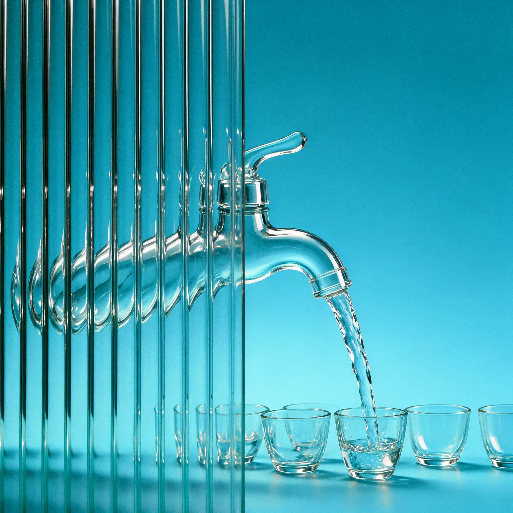 Wasserhahn aus klarem Glas, aus dem ein kräftiger Strahl in eine Reihe kleiner Gläser fließt, vor türkisem Hintergrund, links durch Riffelglas zerlegt