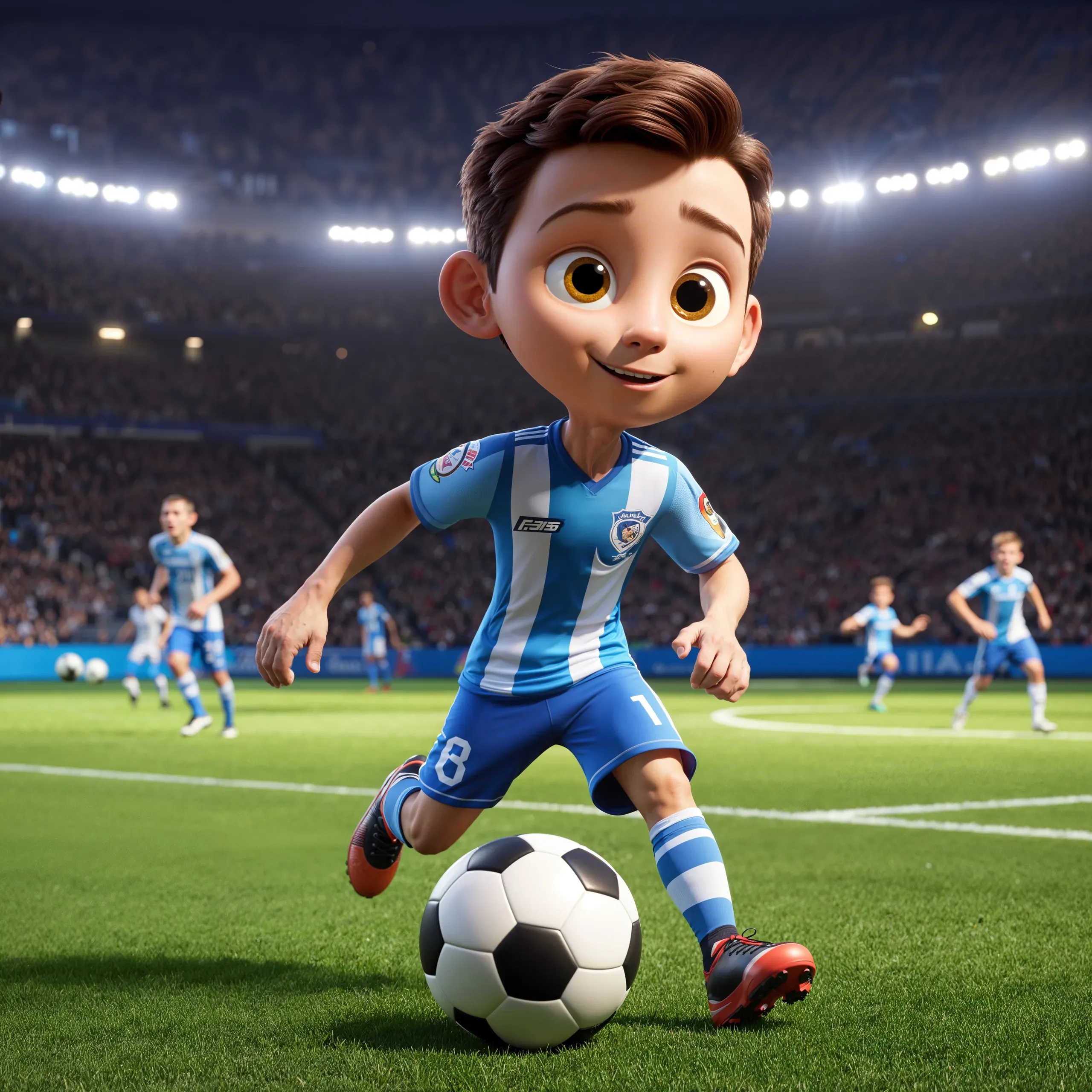 3D-Render eines Cartoon-Jungen im blau-weiß gestreiften Trikot, der im Stadion zum Schuss auf einen Fußball ansetzt