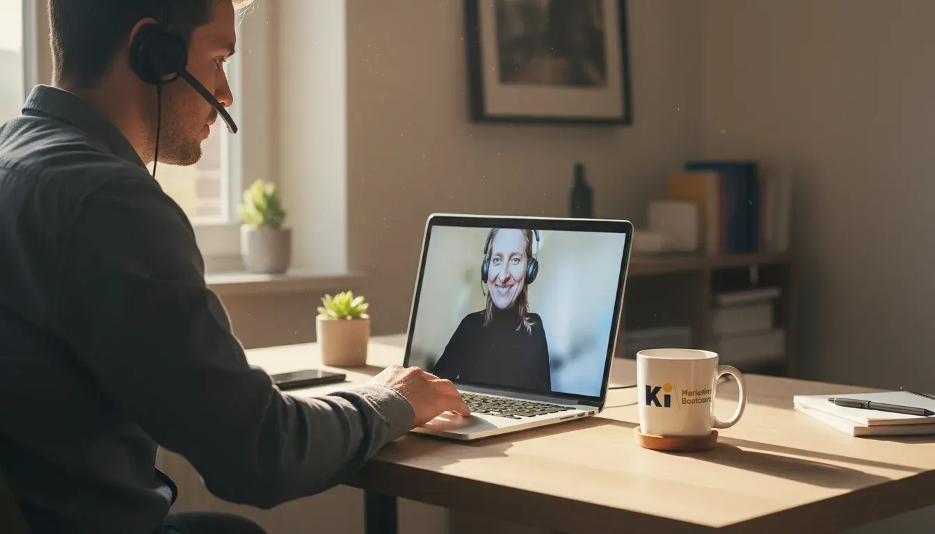 Mann mit Headset sitzt am Schreibtisch und nimmt an einem Videogespräch auf seinem Laptop teil