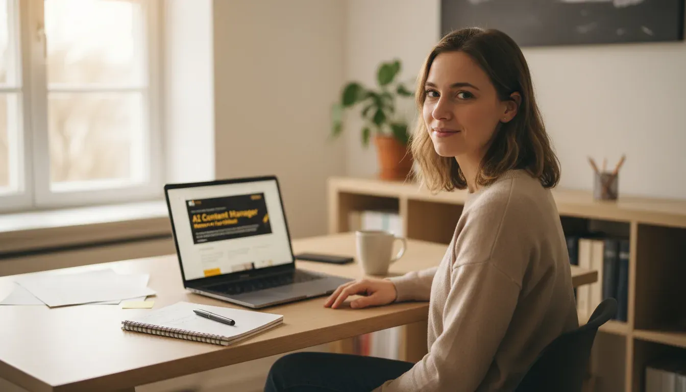 Frau am Schreibtisch im hellen Homeoffice, vor ihr ein Laptop mit gelb-schwarzer Website, Notizbuch und Tasse