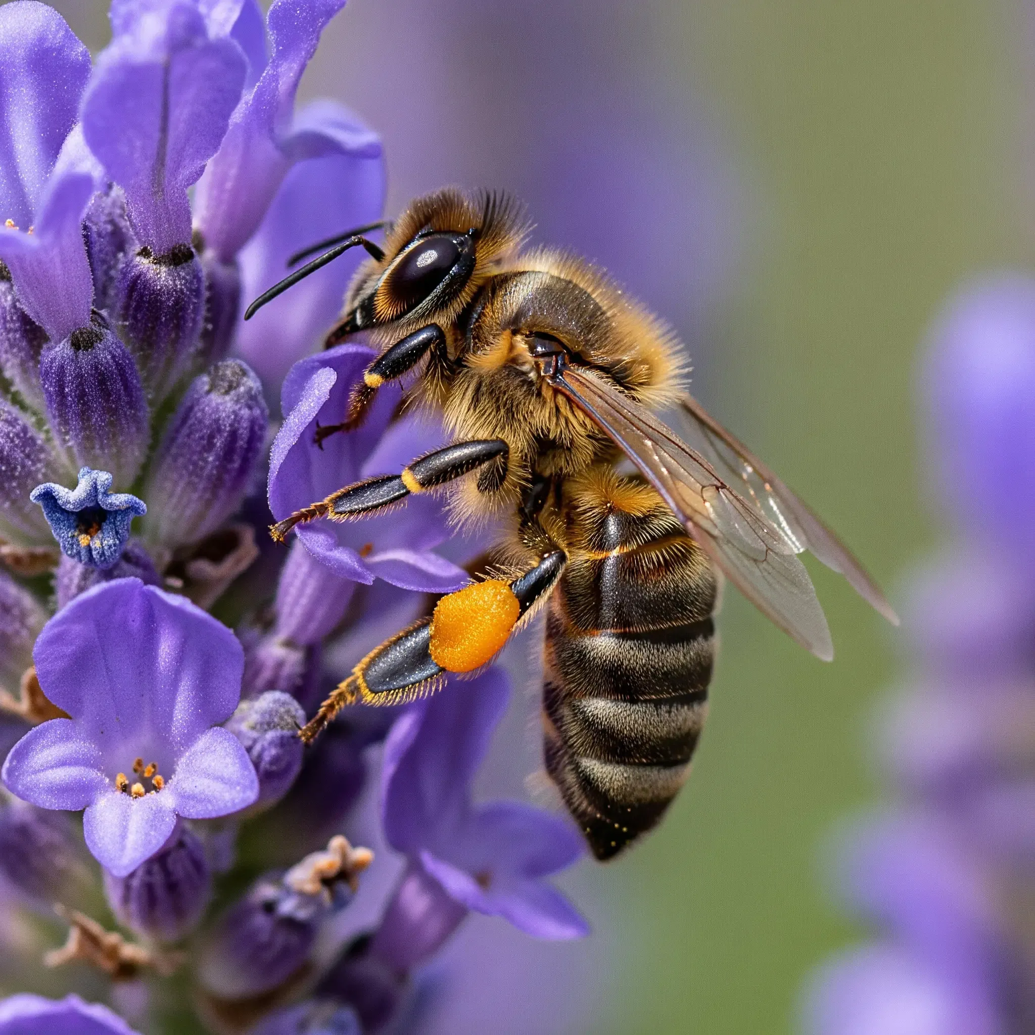 Nahaufnahme einer Honigbiene mit gelbem Pollenhöschen an violetten Lavendelblüten vor grünem Hintergrund