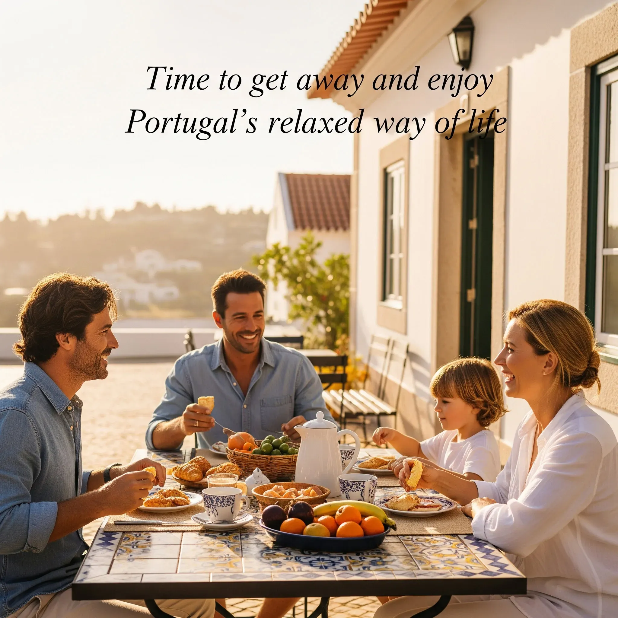Familie beim Frühstück an einem Fliesentisch auf sonniger Terrasse mit Schriftzug „Time to get away and enjoy Portugal's
