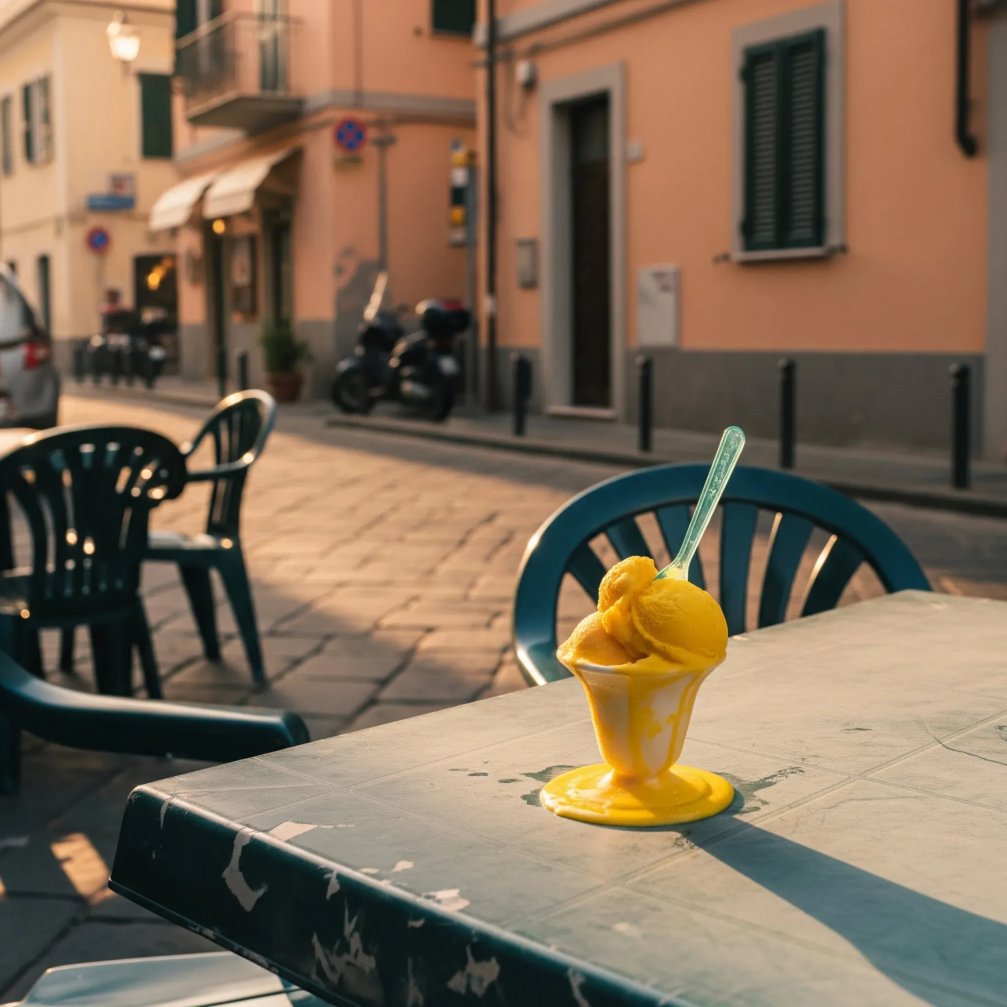 Schmelzender gelber Eisbecher mit Löffel auf einem Tisch in einer sonnigen Gasse mit leeren Plastikstühlen