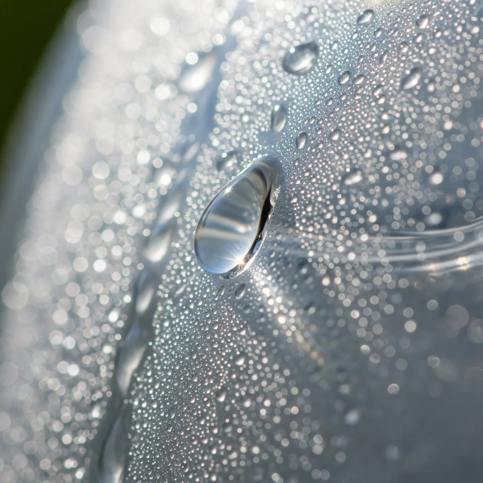 Makroaufnahme einer gewölbten Oberfläche mit unzähligen feinen Wassertropfen und einem grossen Tropfen in der Mitte