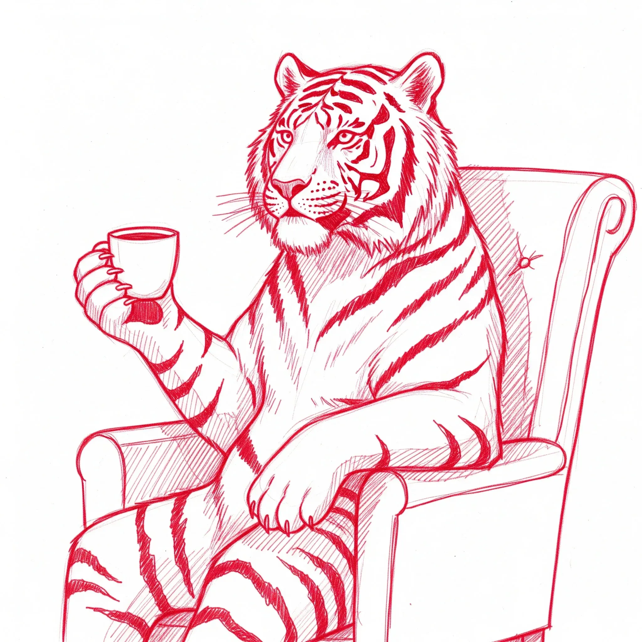 Rote Strichzeichnung eines Tigers, der entspannt in einem Ohrensessel sitzt und eine kleine Tasse hält