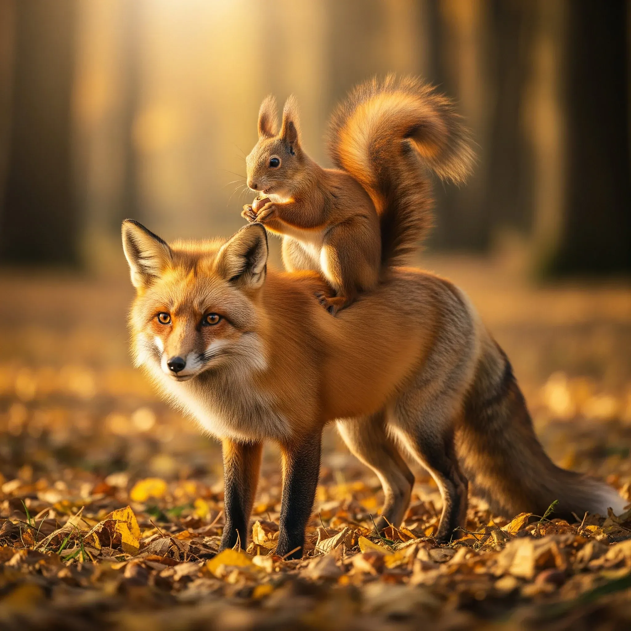 Eichhörnchen sitzt auf dem Rücken eines Fuchses auf herbstlichem Laubboden im gegenlichtdurchfluteten Wald