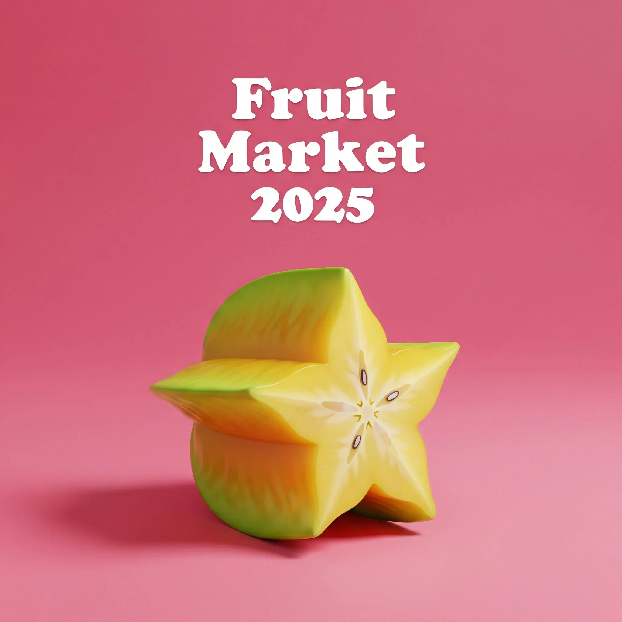 Angeschnittene Sternfrucht vor pinkem Hintergrund mit dem Schriftzug „Fruit Market 2025"
