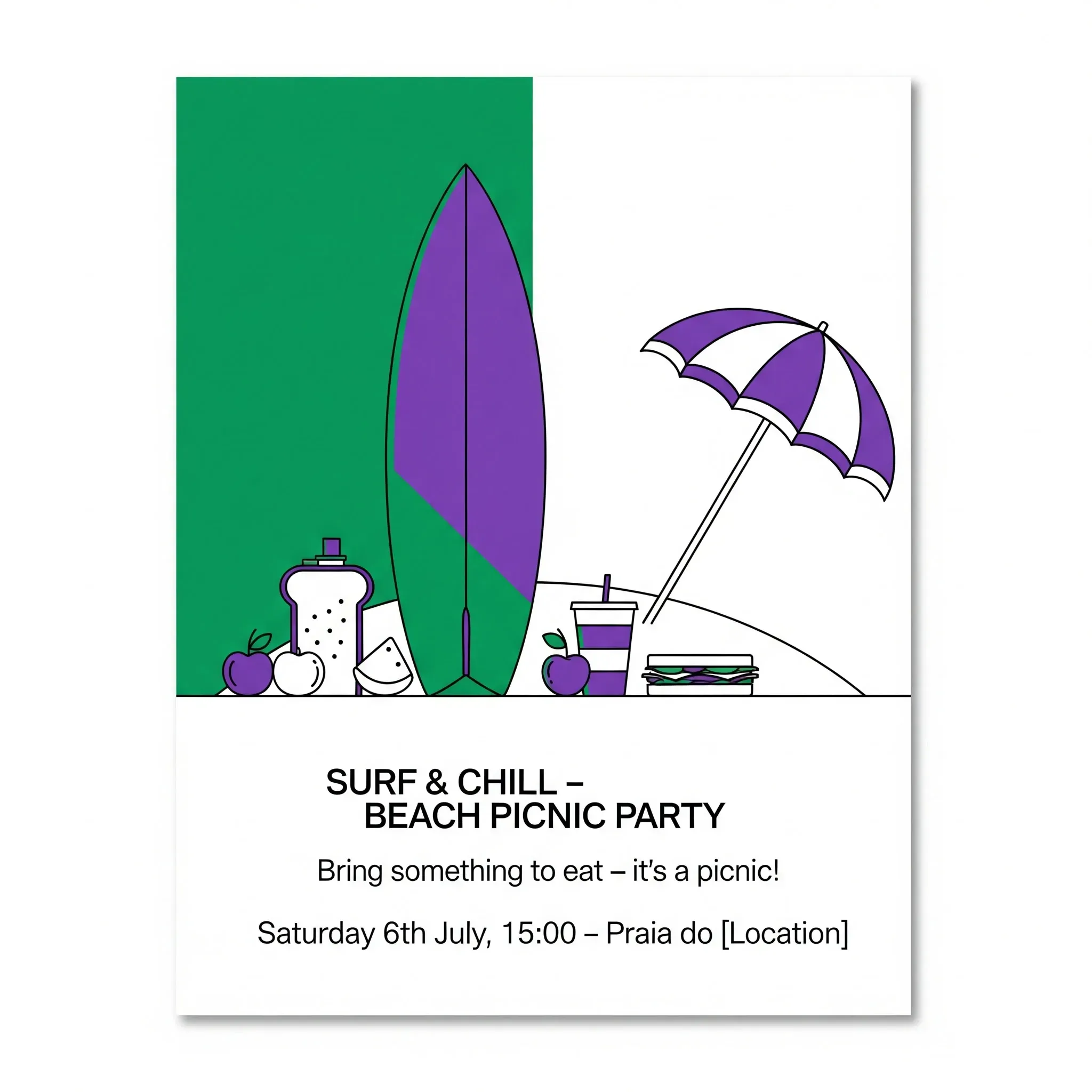 Illustrierte Einladung mit Surfbrett, Sonnenschirm, Obst und Sandwich sowie Text „Surf & Chill – Beach Picnic Party“