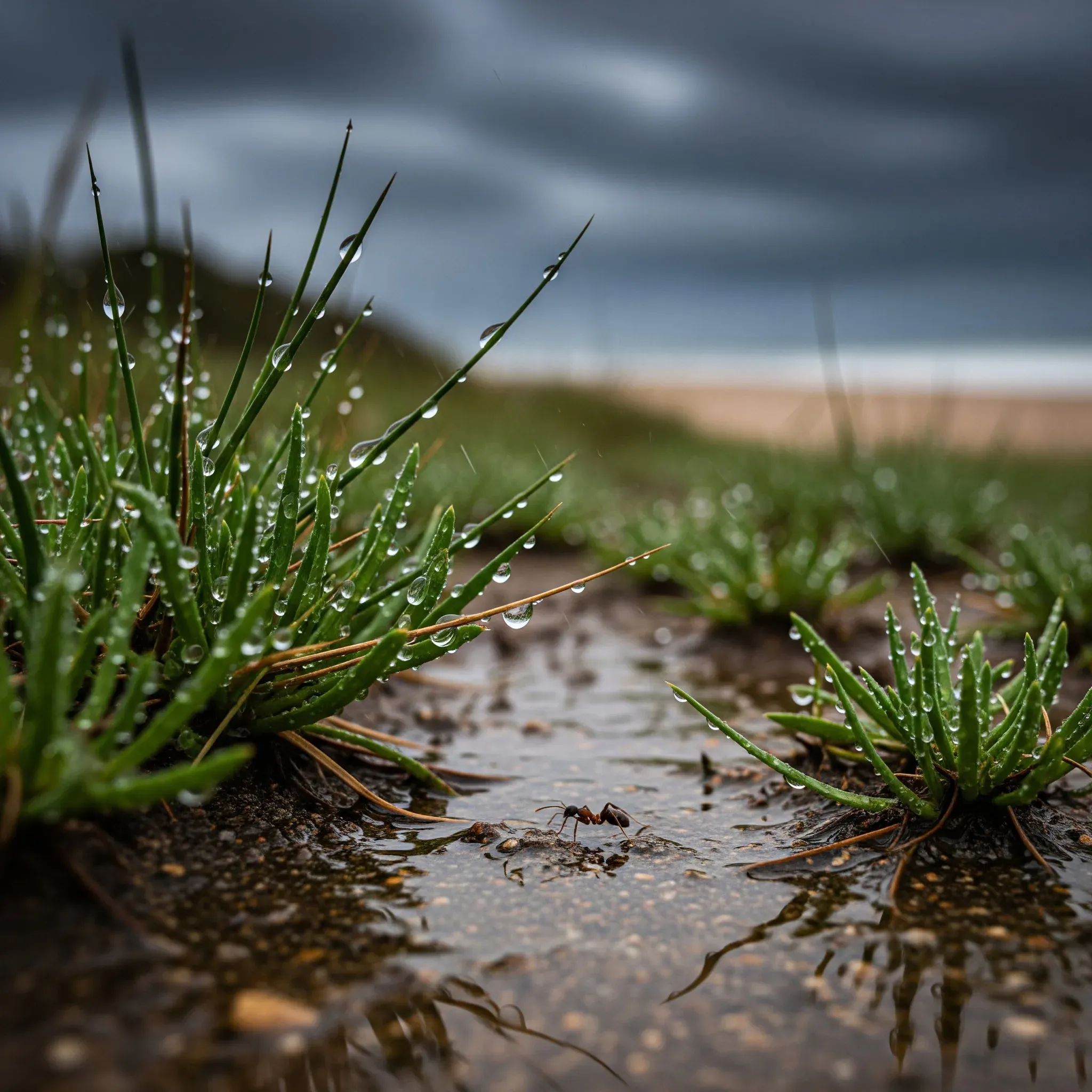 Nahaufnahme von Grasbüscheln mit Wassertropfen an einer Pfütze vor bewölktem Himmel und Küstenstreifen