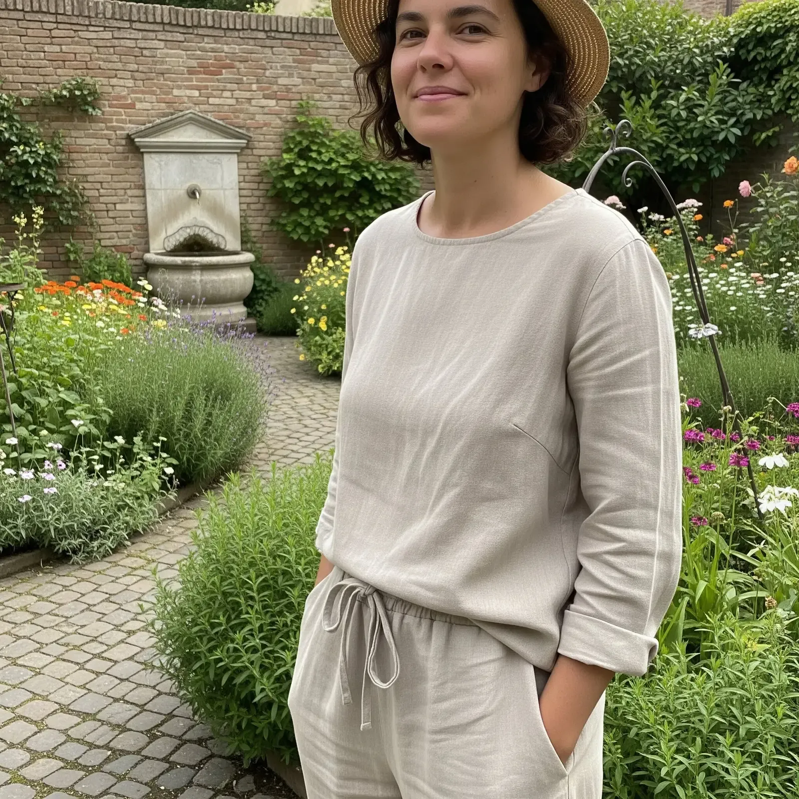 Frau mit Strohhut und beigem Leinenoutfit steht auf einem Pflasterweg in einem Garten mit Lavendel und Wandbrunnen