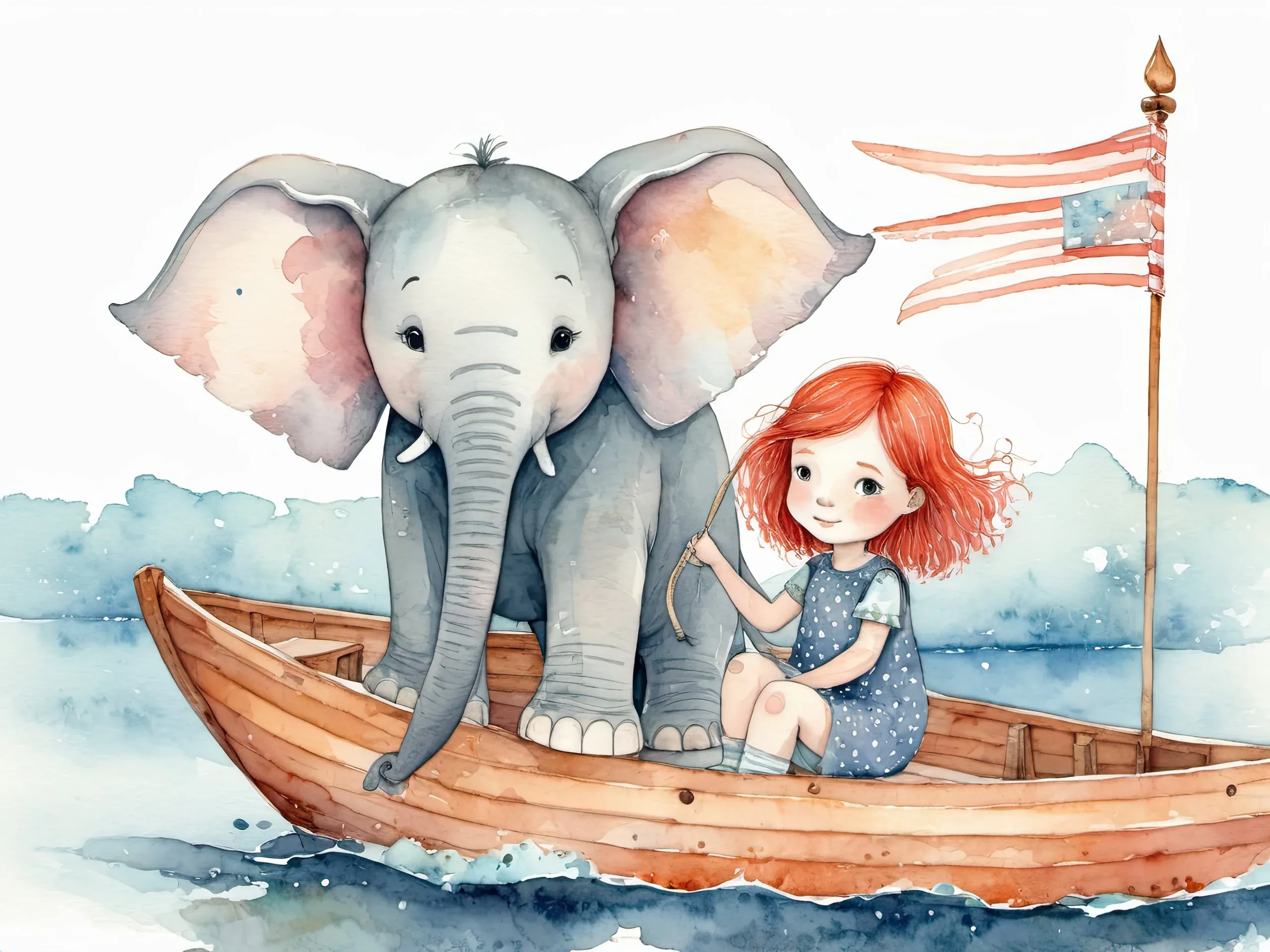 Aquarell-Illustration eines Elefanten und eines rothaarigen Mädchens in einem Holzboot mit gestreifter Flagge
