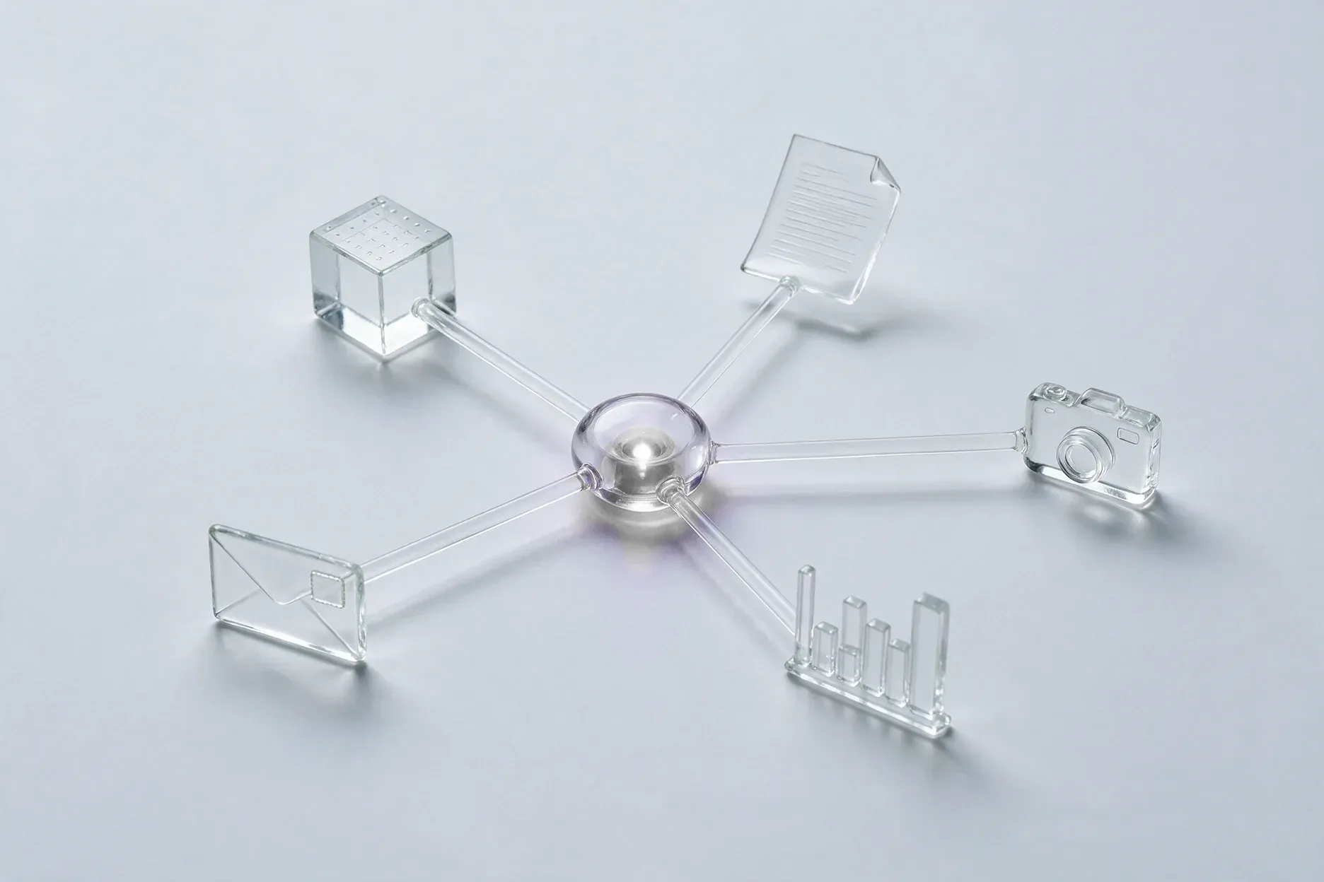 Runder Glas-Knoten mit hellem Licht, von dem fünf Glasstäbe zu einem Würfel, einem Dokument, einer Kamera, einem Balkendiagramm und einem Briefumschlag führen, vor hellgrauem Hintergrund