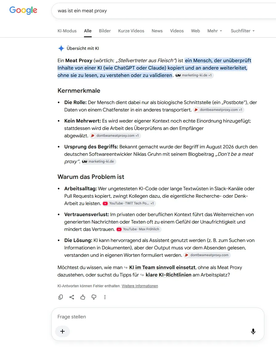 Google-Suche nach „was ist ein meat proxy“: Die KI-Übersicht definiert den Begriff mit einem Satz von marketing-ki.de und nennt Niklas Gruhn als denjenigen, der ihn bekannt gemacht hat