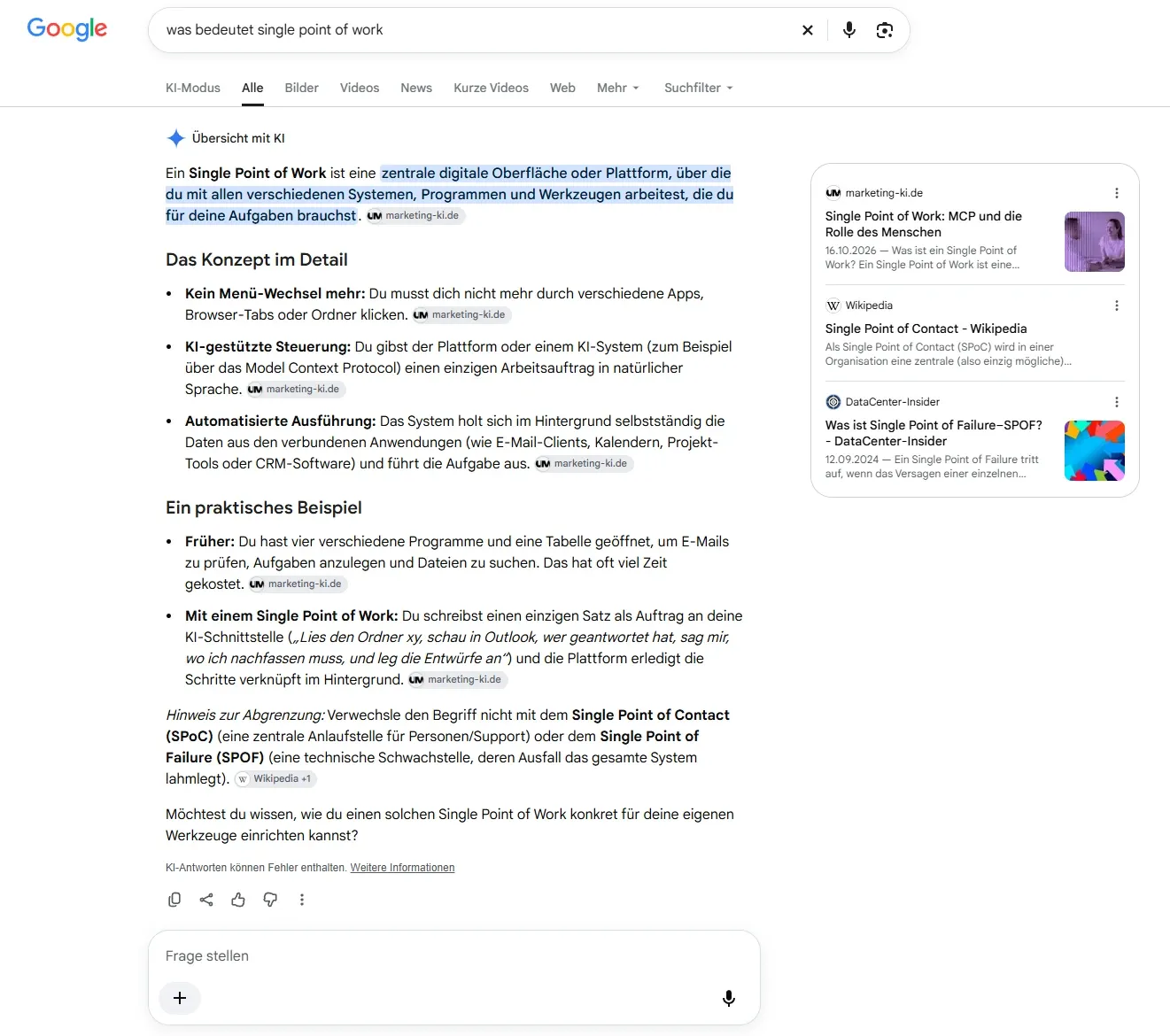 Google-Suche nach „was bedeutet single point of work“: Die KI-Übersicht stützt sich fast vollständig auf marketing-ki.de, rechts steht der Beitrag als erste Quelle