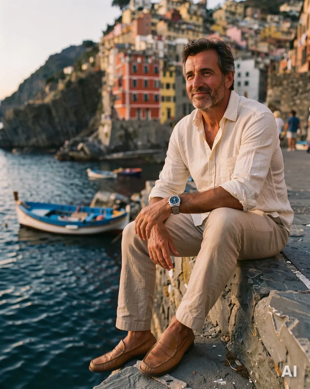 Mann in hellem Leinenhemd sitzt auf einer Hafenmauer vor bunten Häusern an der Küste, die Hände auf dem Knie gefaltet.