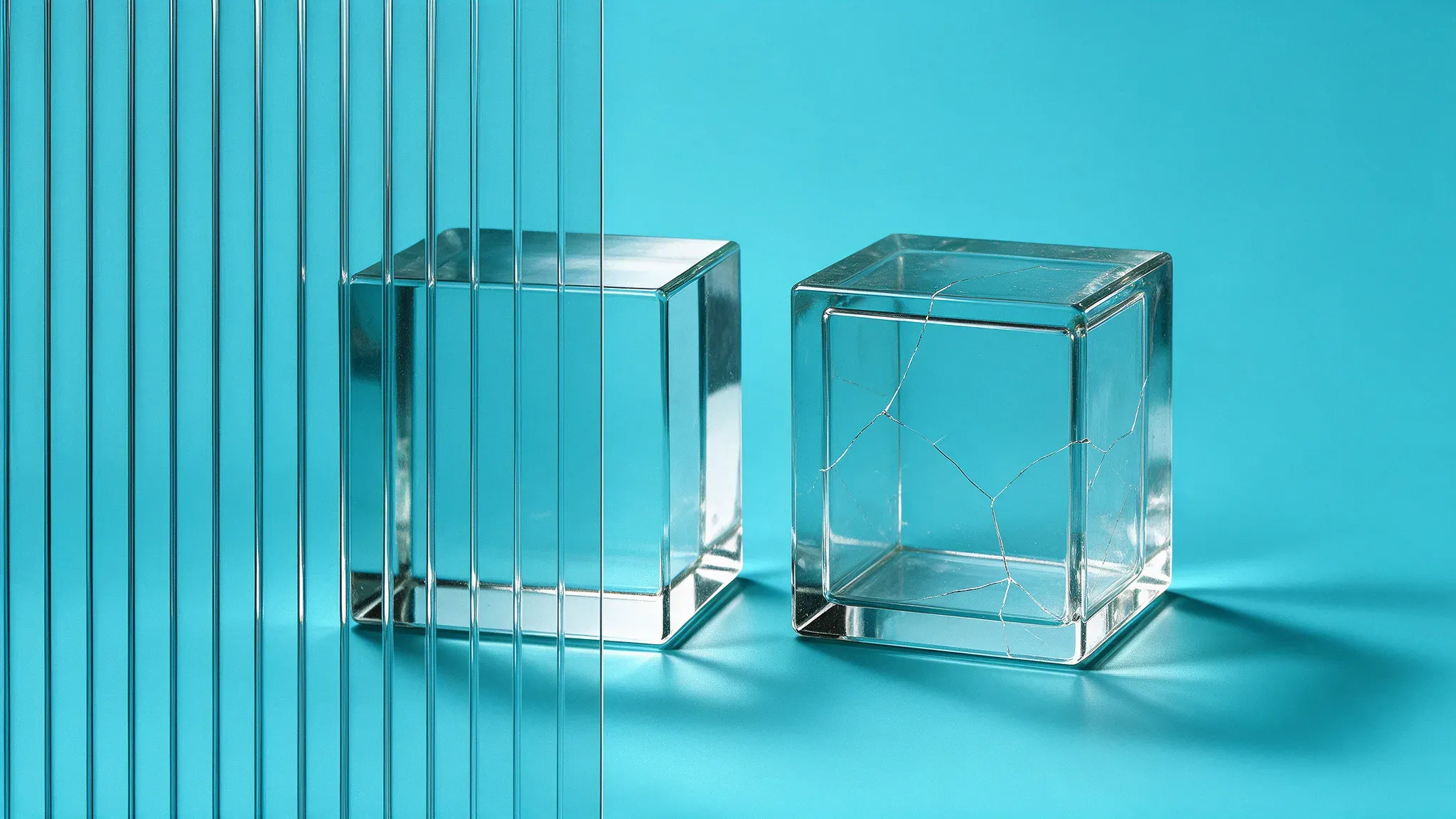 Zwei Glaswürfel vor Teal: links ein massiver Block, teils hinter Riffelglas, rechts ein von vorn gleicher Würfel, der innen hohl ist und feine Risse hat