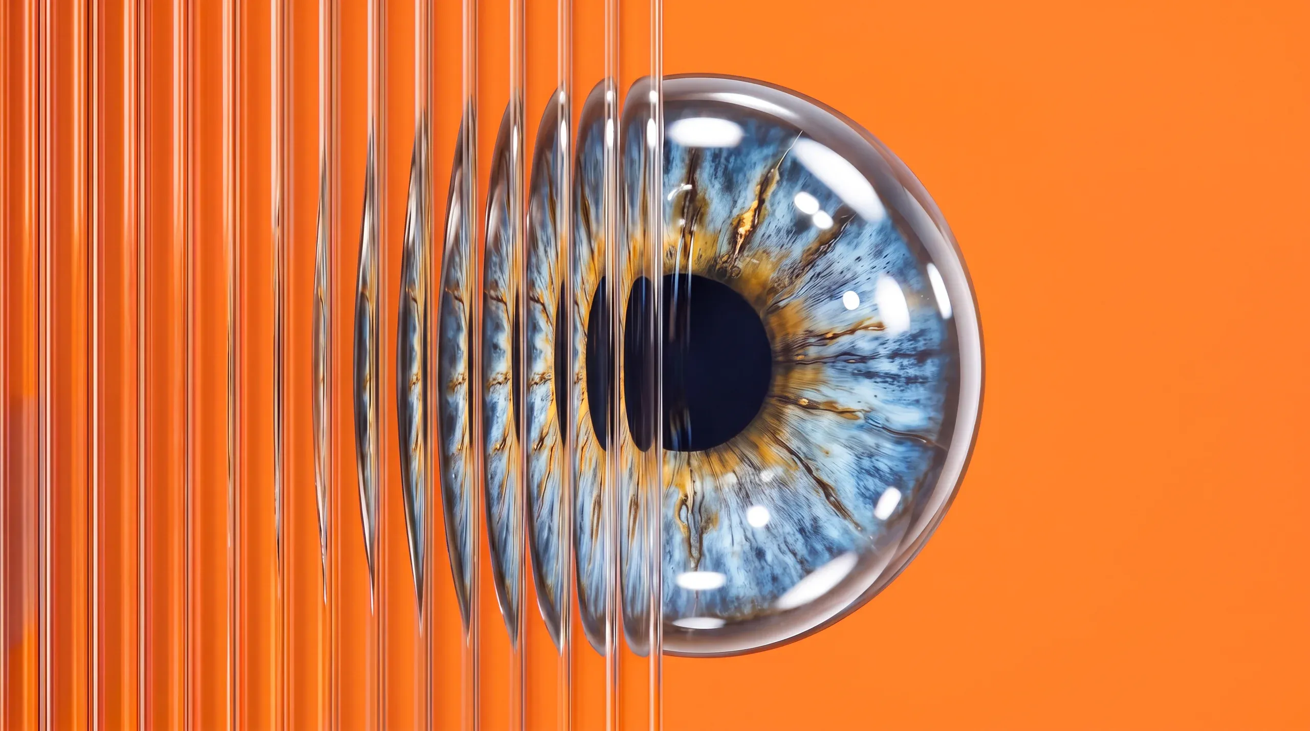 Blaues Auge als Glaskörper vor violettem Hintergrund, links durch Riffelglas in senkrechte Streifen zerlegt