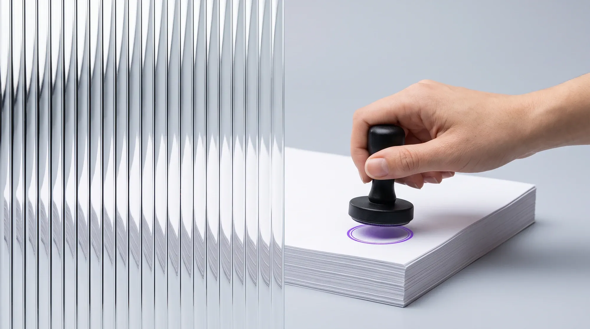 Eine Hand drückt einen schwarzen Stempel auf einen Stapel weißer Blätter, der Abdruck ist ein violetter Ring; links liegt eine Scheibe aus Riffelglas, in der sich der Papierstapel wiederholt
