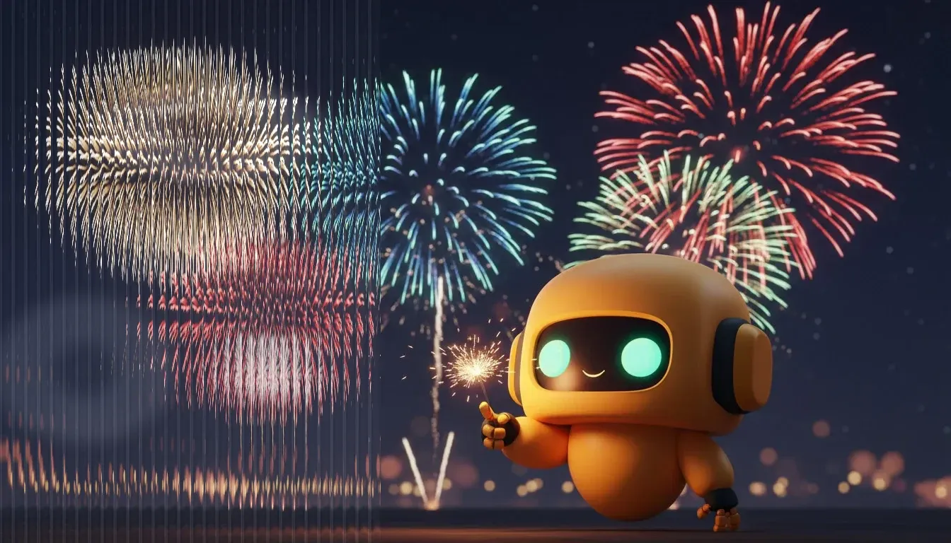 Kleiner gelber Roboter mit leuchtenden Augen hält eine Wunderkerze vor buntem Feuerwerk am Nachthimmel