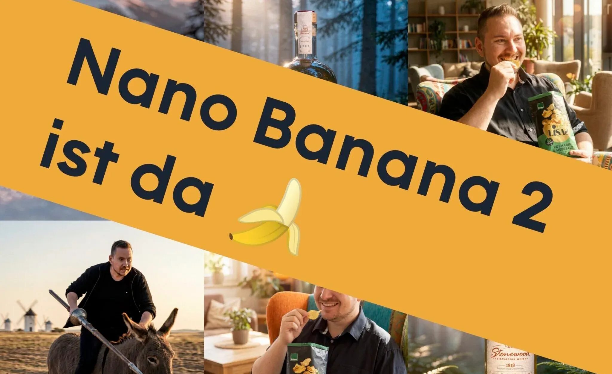 Collage aus KI-generierten Fotos mit Mann, Gin-Flasche und Esel, überlagert vom gelben Banner „Nano Banana 2 ist da“