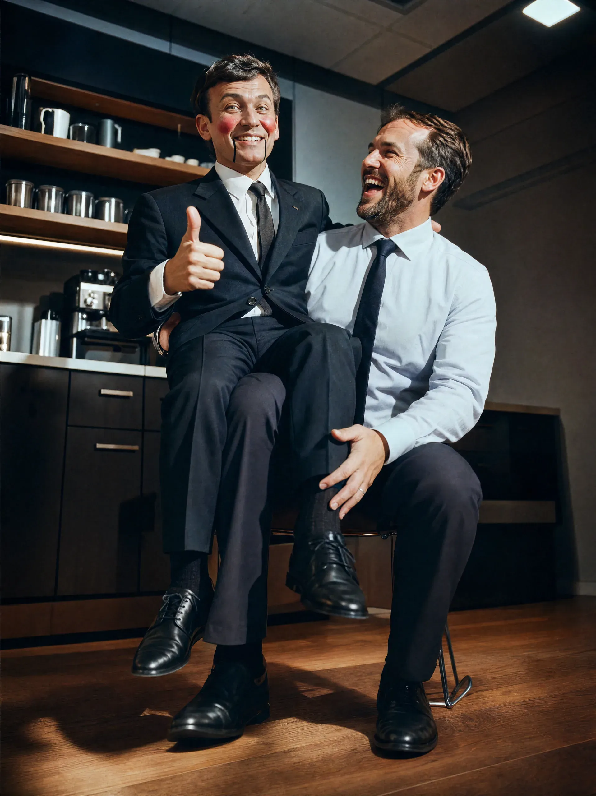 Ein Mann im dunklen Anzug mit aufgemalten roten Wangen sitzt wie eine Bauchrednerpuppe auf dem Schoß eines lachenden Kollegen in einer Büroküche und hält den Daumen hoch
