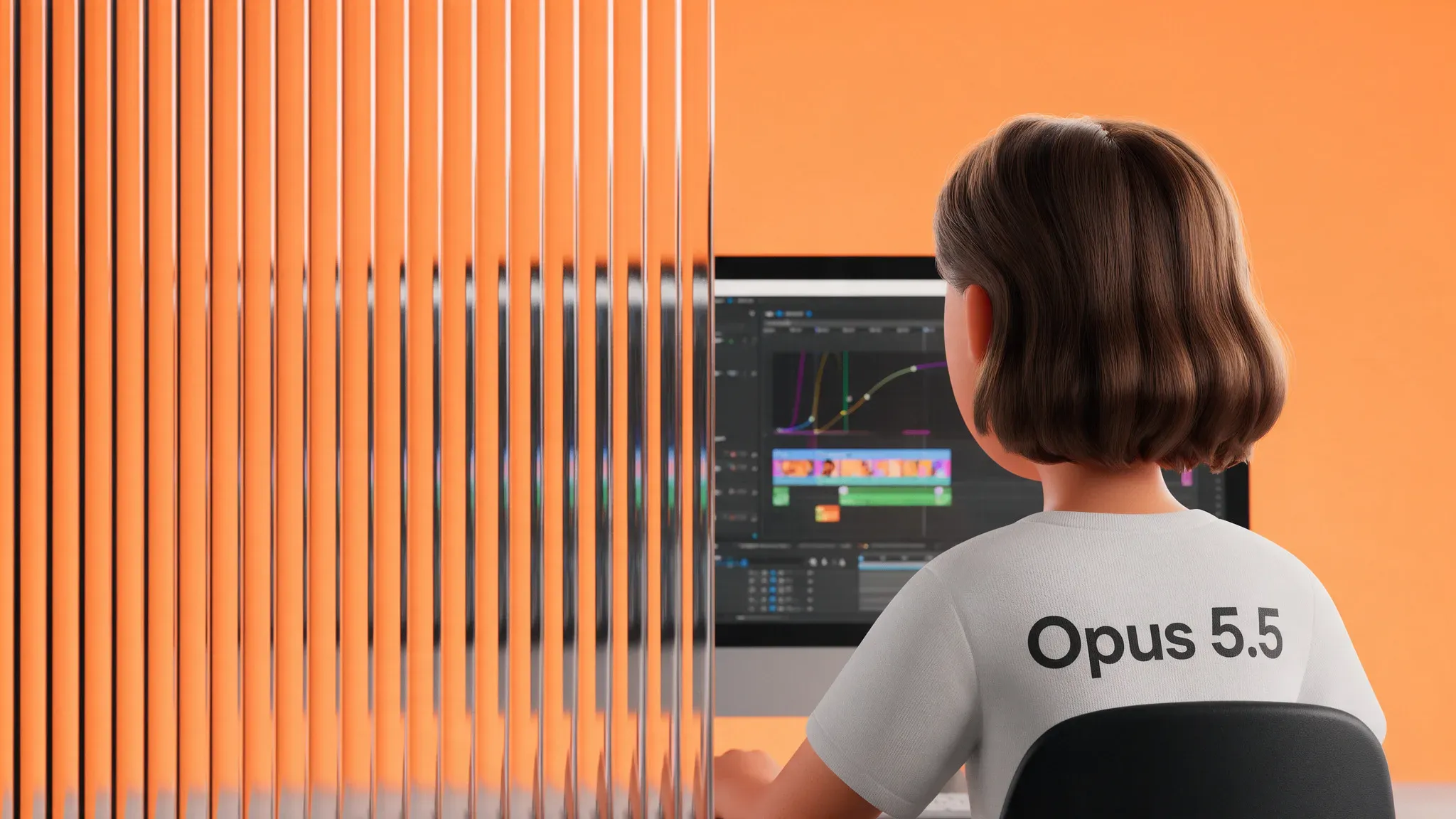 Frau mit Bob-Frisur und T-Shirt mit der Aufschrift „Opus 5.5“ sitzt vor einem Monitor mit Animations-Timeline und Kurveneditor, orange Wand, links durch Riffelglas in senkrechte Streifen zerlegt