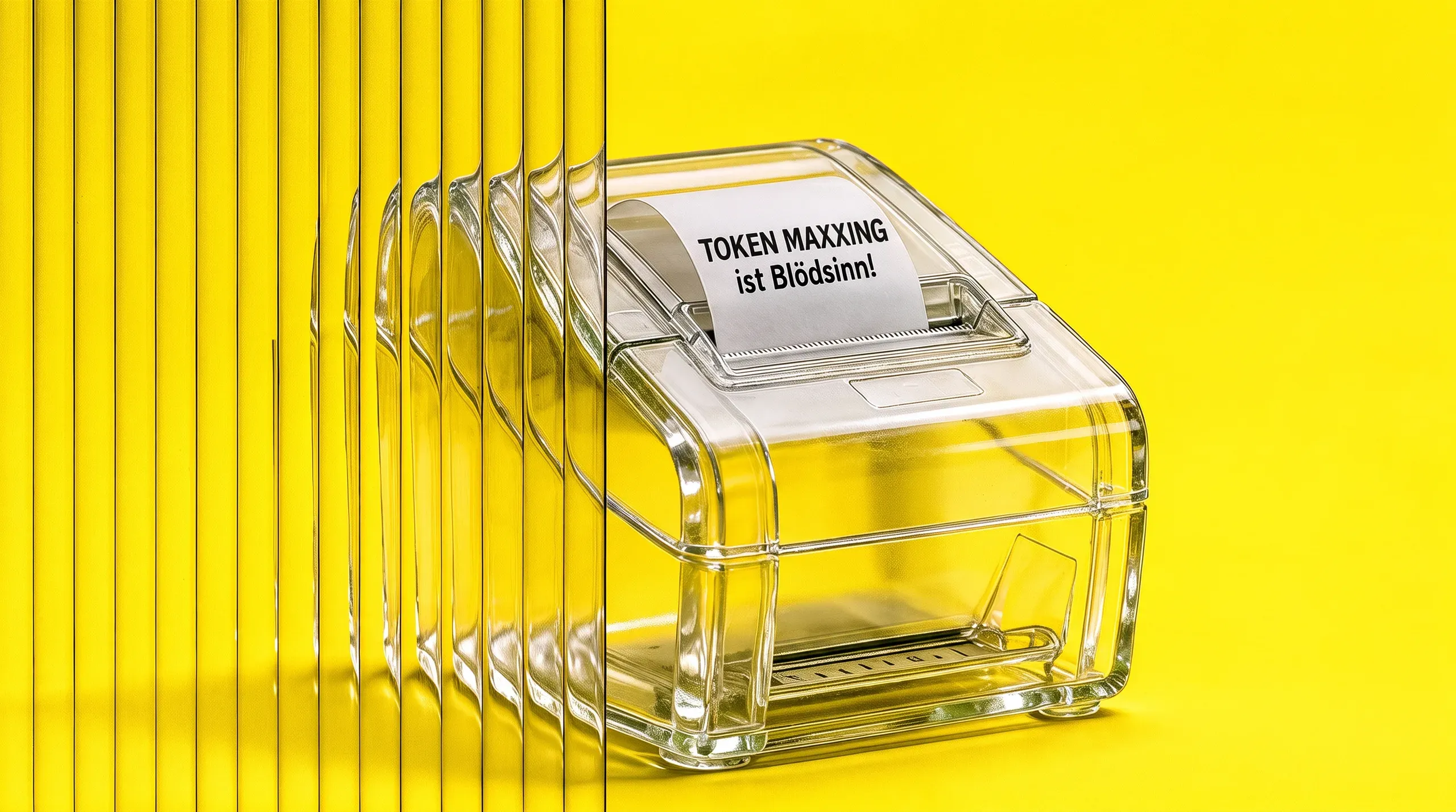 Bondrucker aus klarem Glas auf gelbem Grund, aus dem ein Bon mit der Aufschrift „Token Maxxing ist Blödsinn!“ kommt; links eine Scheibe aus Riffelglas, in der sich der Drucker mehrfach spiegelt
