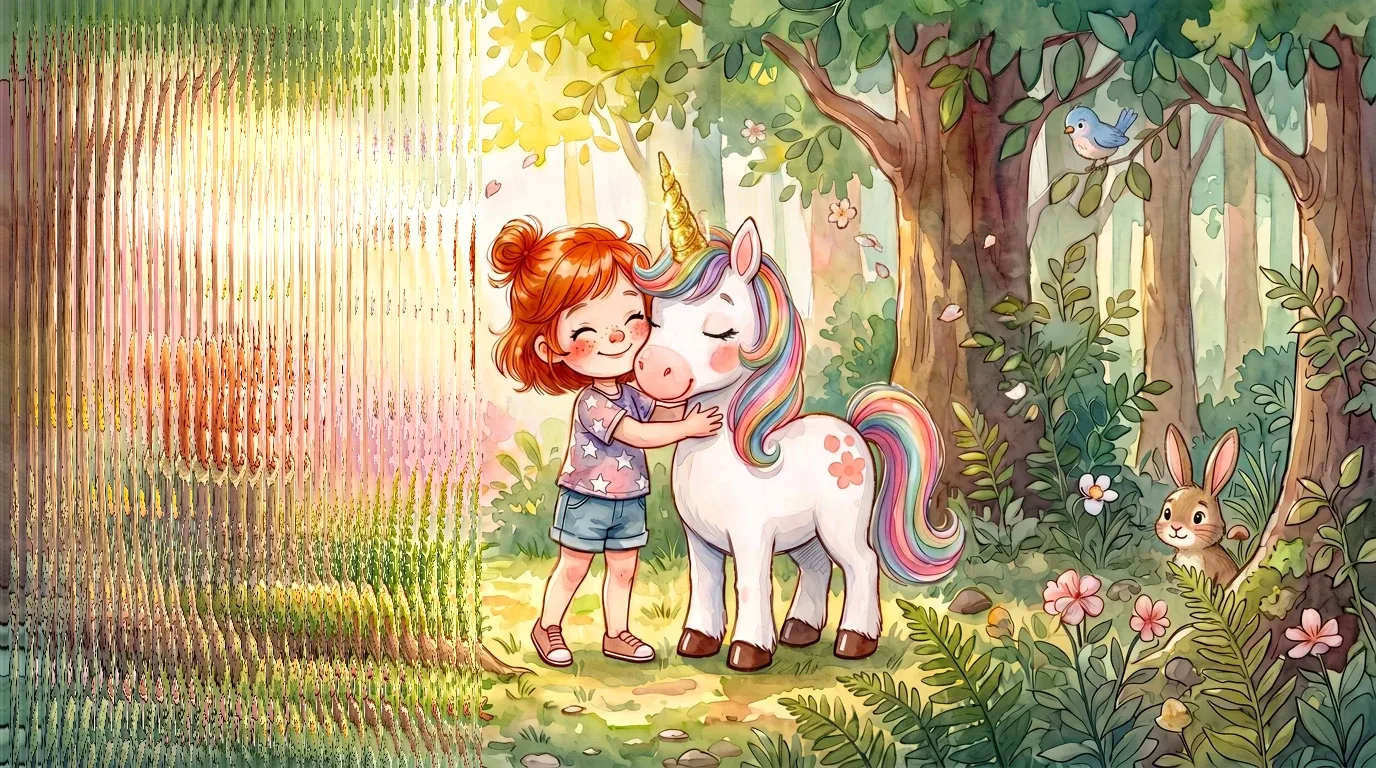 Aquarell-Illustration: Ein Mädchen mit roten Haaren umarmt ein weißes Einhorn mit Regenbogenmähne in einem sonnigen Wald, links liegt eine Scheibe aus Riffelglas über dem Waldrand