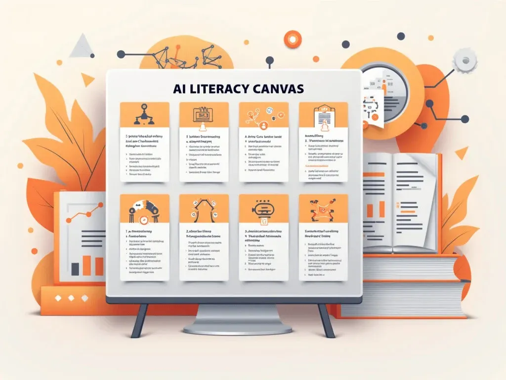 An AI Literacy Canvas displayed on a computer monitor. The canvas has a structured layout with eight distinct blocks, each containing text and icons. The blocks are organized in two rows with four columns each, featuring a mix of headings, descriptions, and visuals such as graphs, gears, robotic arms, and people interacting with AI concepts. The surrounding environment includes stylized books, charts, leaves, and gears in an orange, white, and gray color palette, symbolizing learning, innovation, and AI.