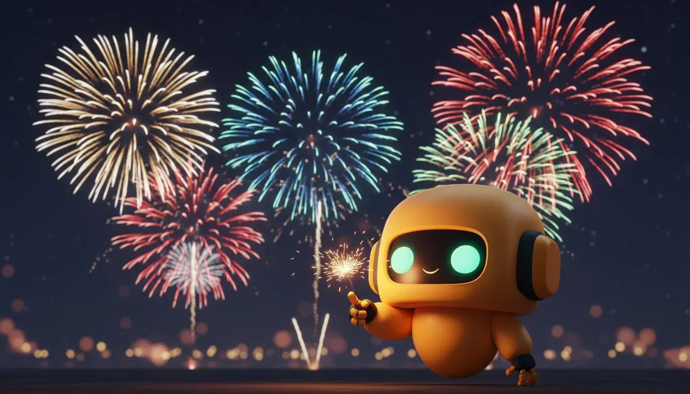 Kleiner gelber Roboter mit leuchtenden Augen hält eine Wunderkerze vor buntem Feuerwerk am Nachthimmel