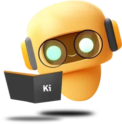 Karl Schlau A cute, orange-colored robot with a rounded head and glowing green eyes, wearing black headphones. The robot is holding a black book labeled "Ki" and has a friendly expression, suggesting it's engaged in learning or reading. The design is cartoonish and playful, evoking a sense of approachability and technological curiosity.