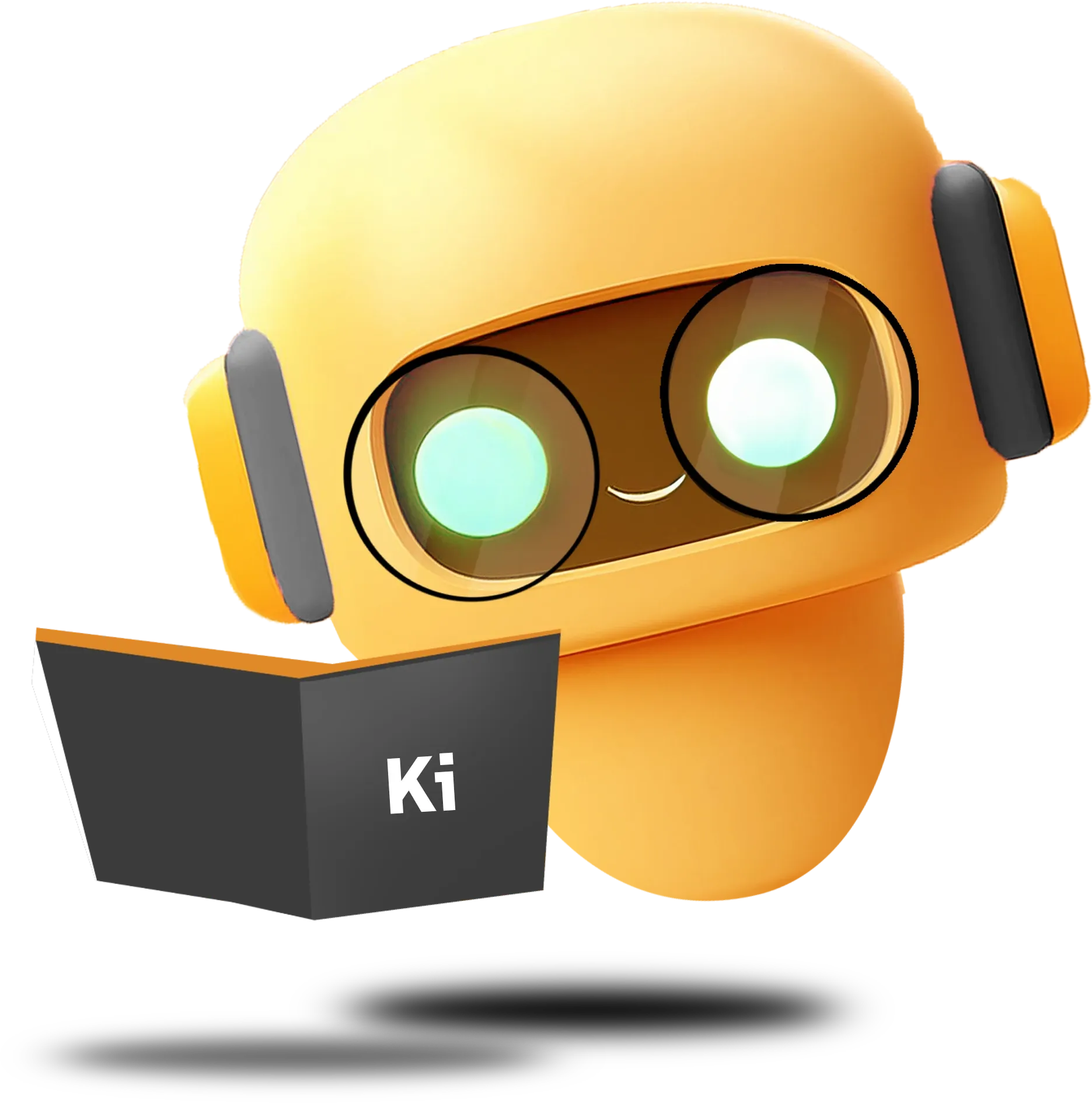 A cute, orange-colored robot with a rounded head and glowing green eyes, wearing black headphones. The robot is holding a black book labeled "Ki" and has a friendly expression, suggesting it's engaged in learning or reading. The design is cartoonish and playful, evoking a sense of approachability and technological curiosity.