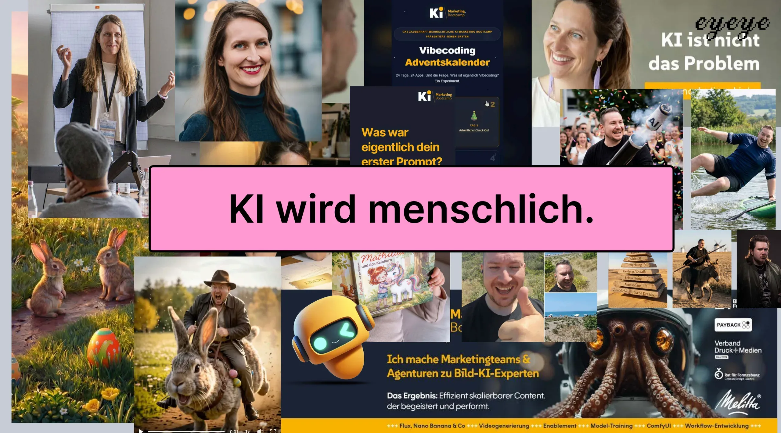 Collage aus bisherigen Motiven des KI Marketing Bootcamps mit Workshop-Fotos, KI-Bildern von Hasen, dem gelben Roboter-Maskottchen und dem Schriftzug „KI wird menschlich.“ auf rosa Fläche