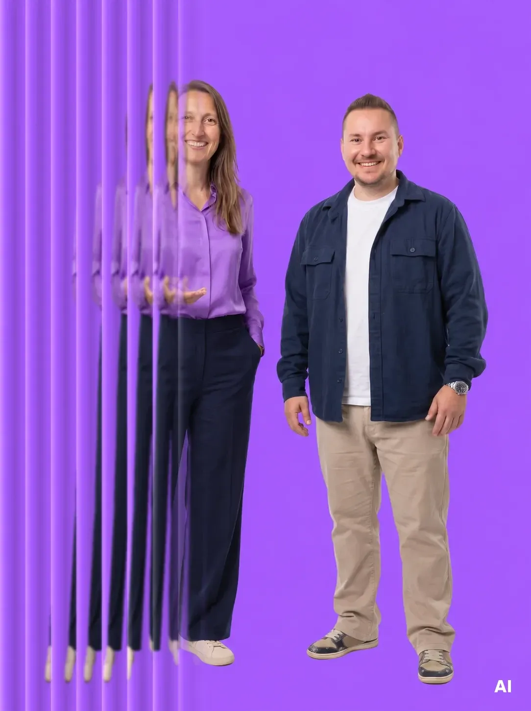 Früher Entwurf: Vroni und Georg in Alltagskleidung vor violettem Hintergrund, links mit Riffelglas-Streifen vor Vroni